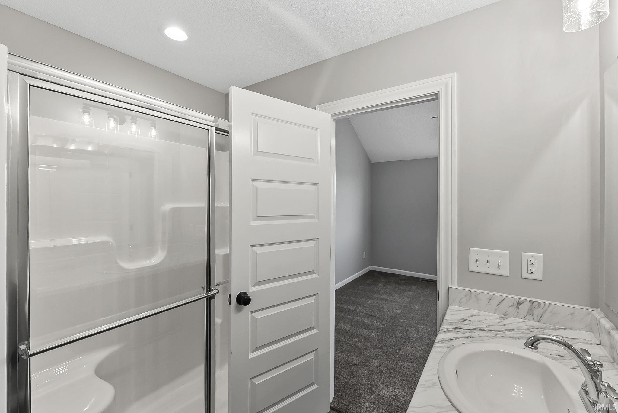 Full bath featuring vanity, a stall shower, and dark colored carpet