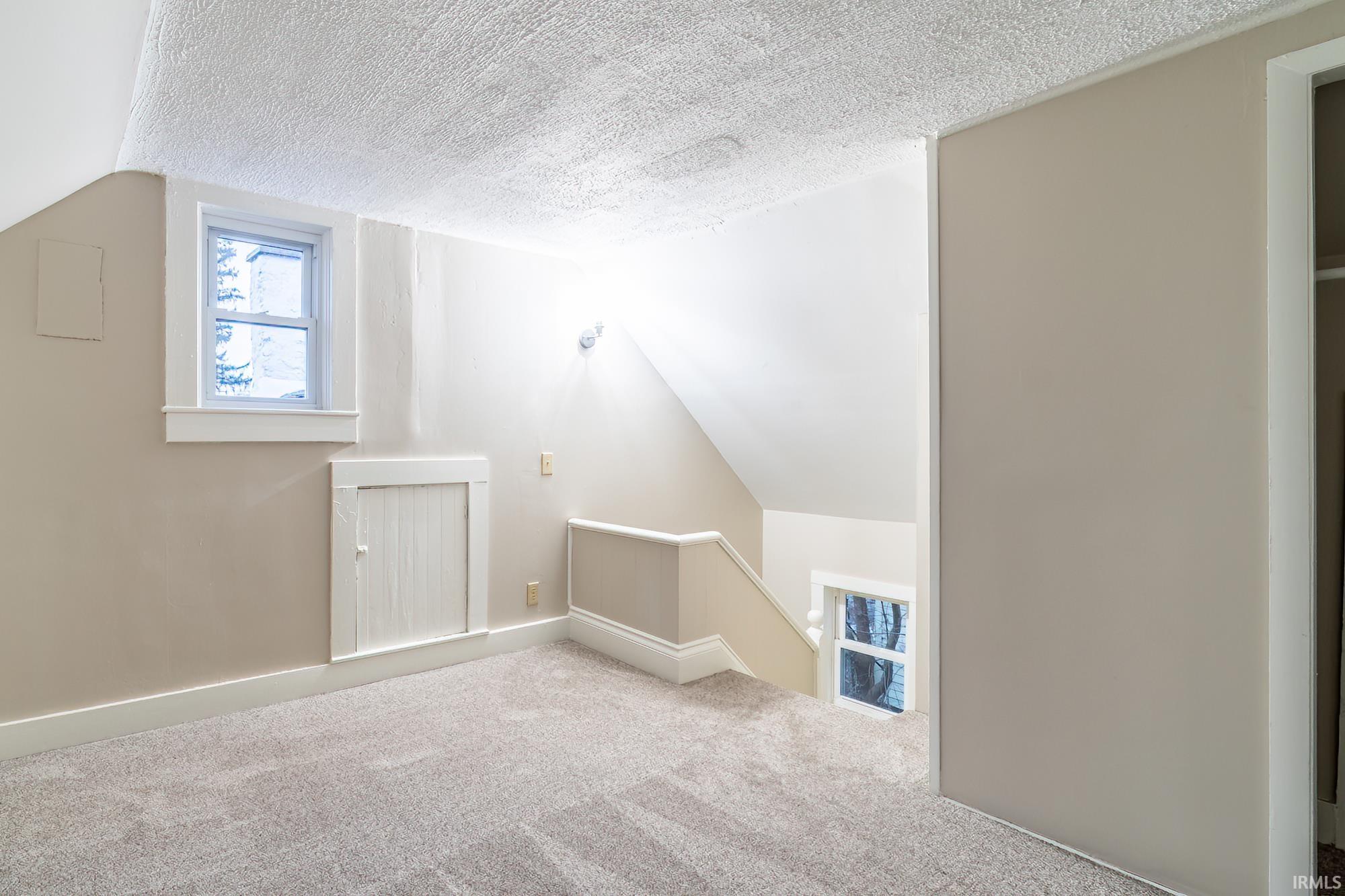 Additional living space featuring lofted ceiling, a textured ceiling, and carpet flooring