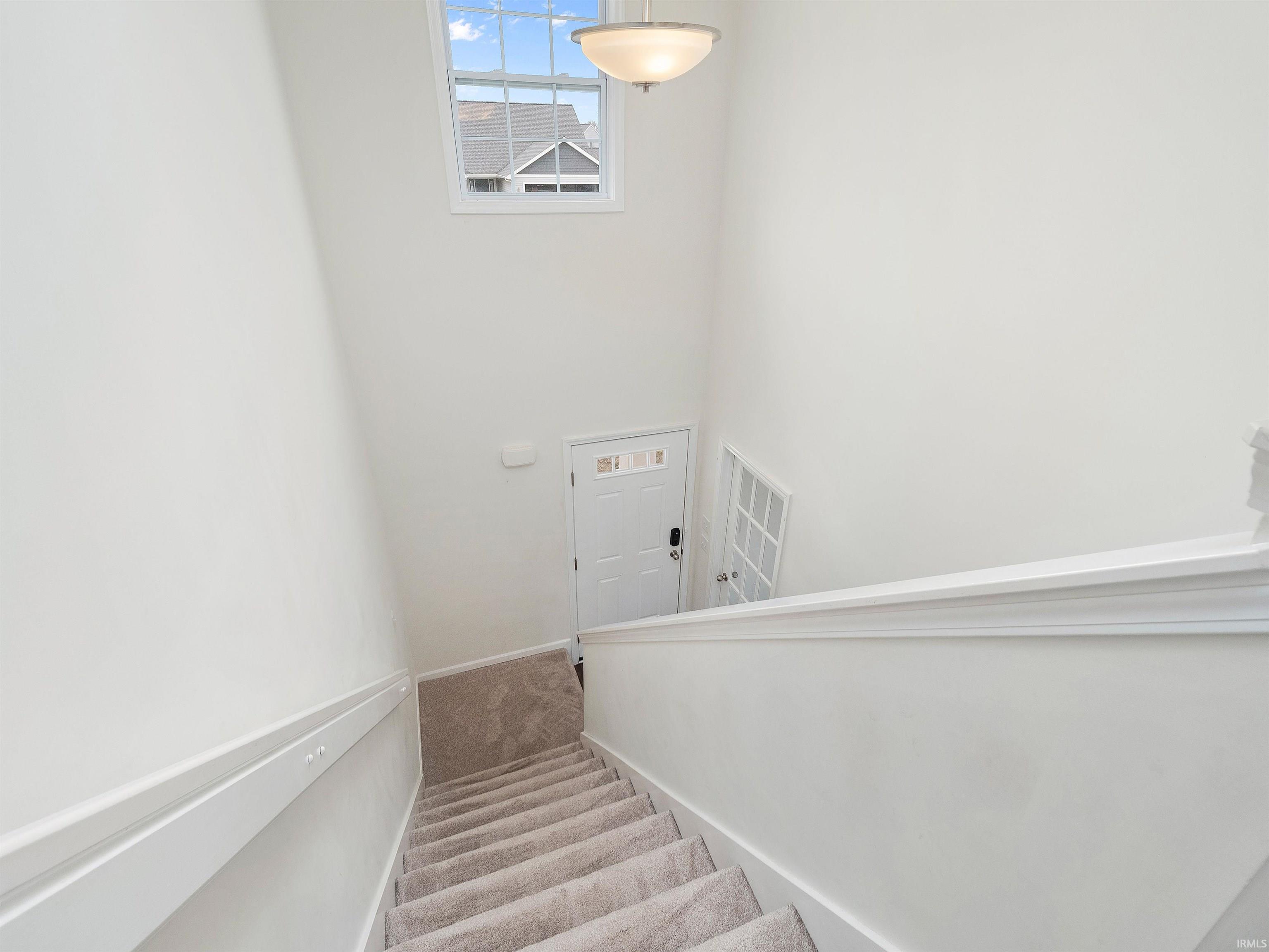 Staircase featuring carpet floors and a towering ceiling