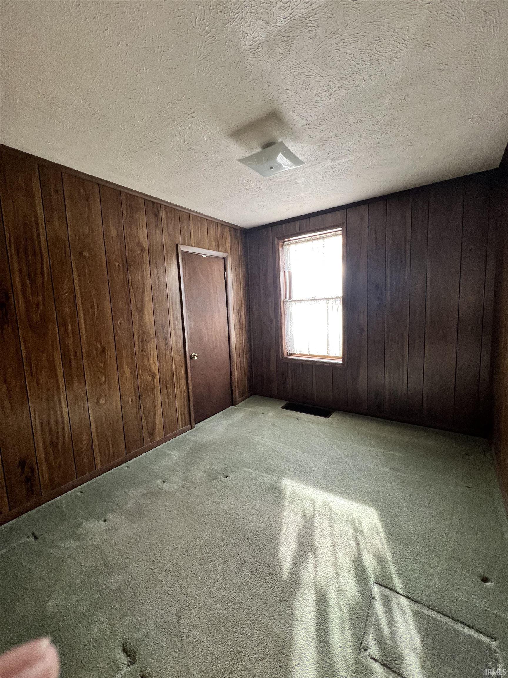 Empty room featuring light colored carpet, wood walls, and a textured ceiling