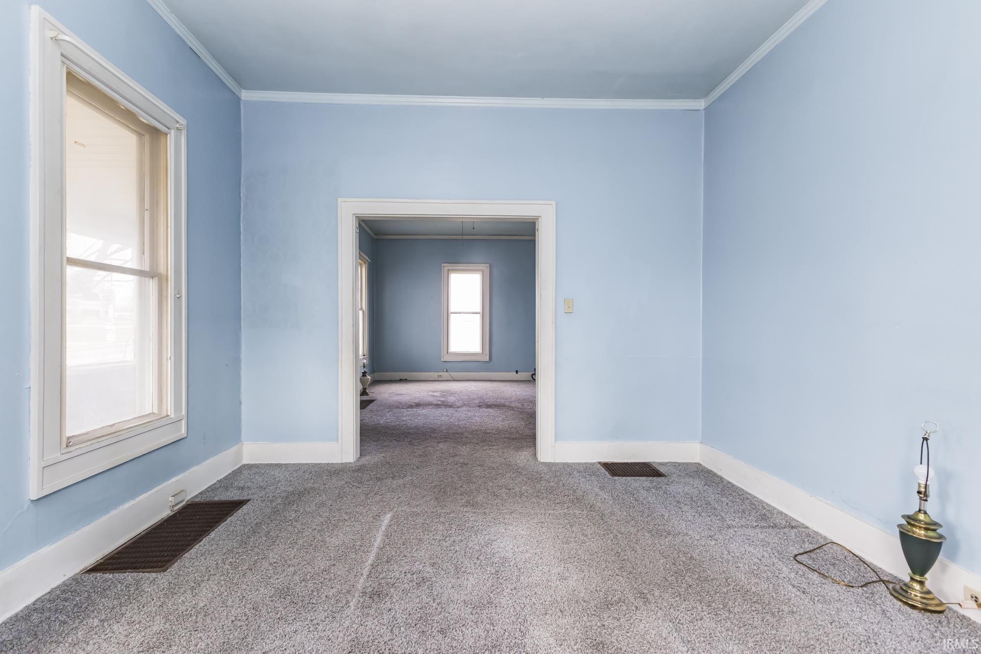 Carpeted empty room with ornamental molding and baseboards