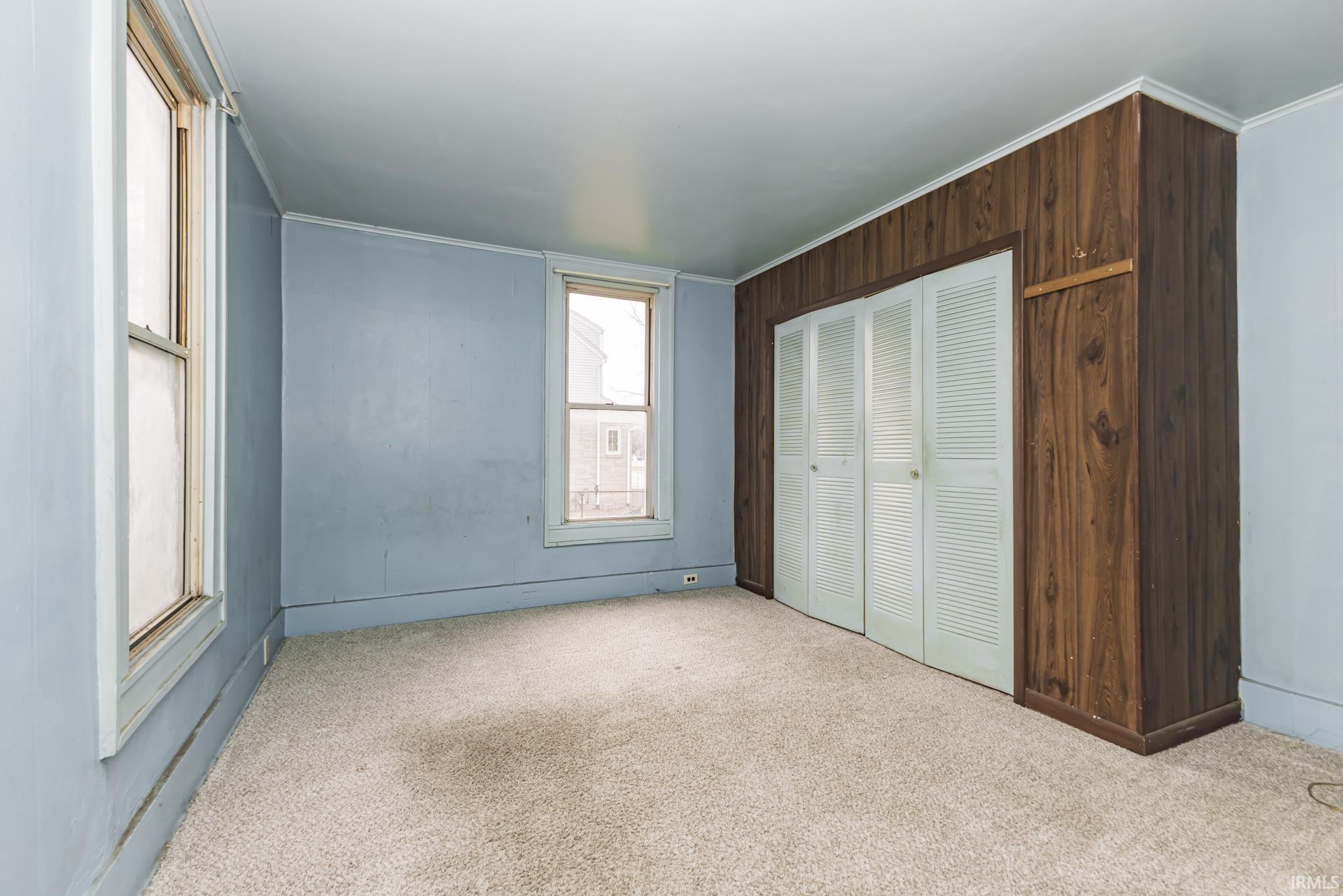 Unfurnished bedroom featuring carpet floors, a closet, and crown molding