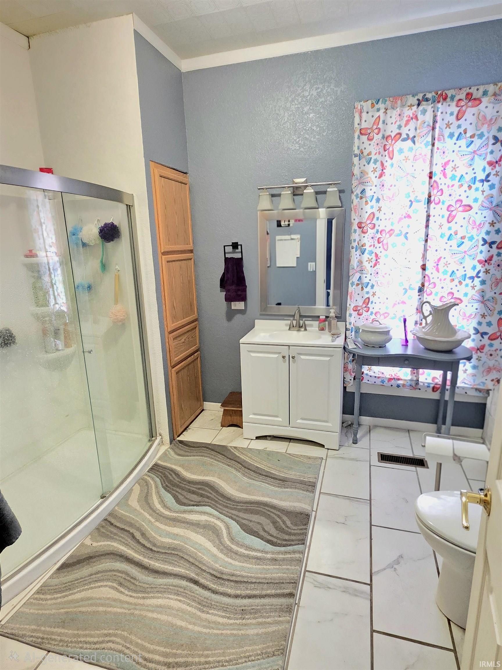 Bathroom featuring a glass-enclosed shower, white vanity with integrated sink, chrome faucet, and a wall-mounted medicine cabinet with integrated lighting