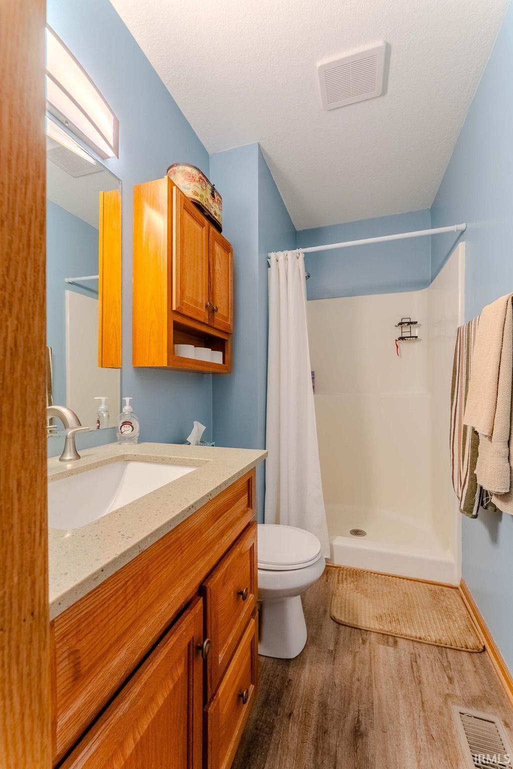 Bathroom with a shower stall, vanity, and dark wood-type flooring