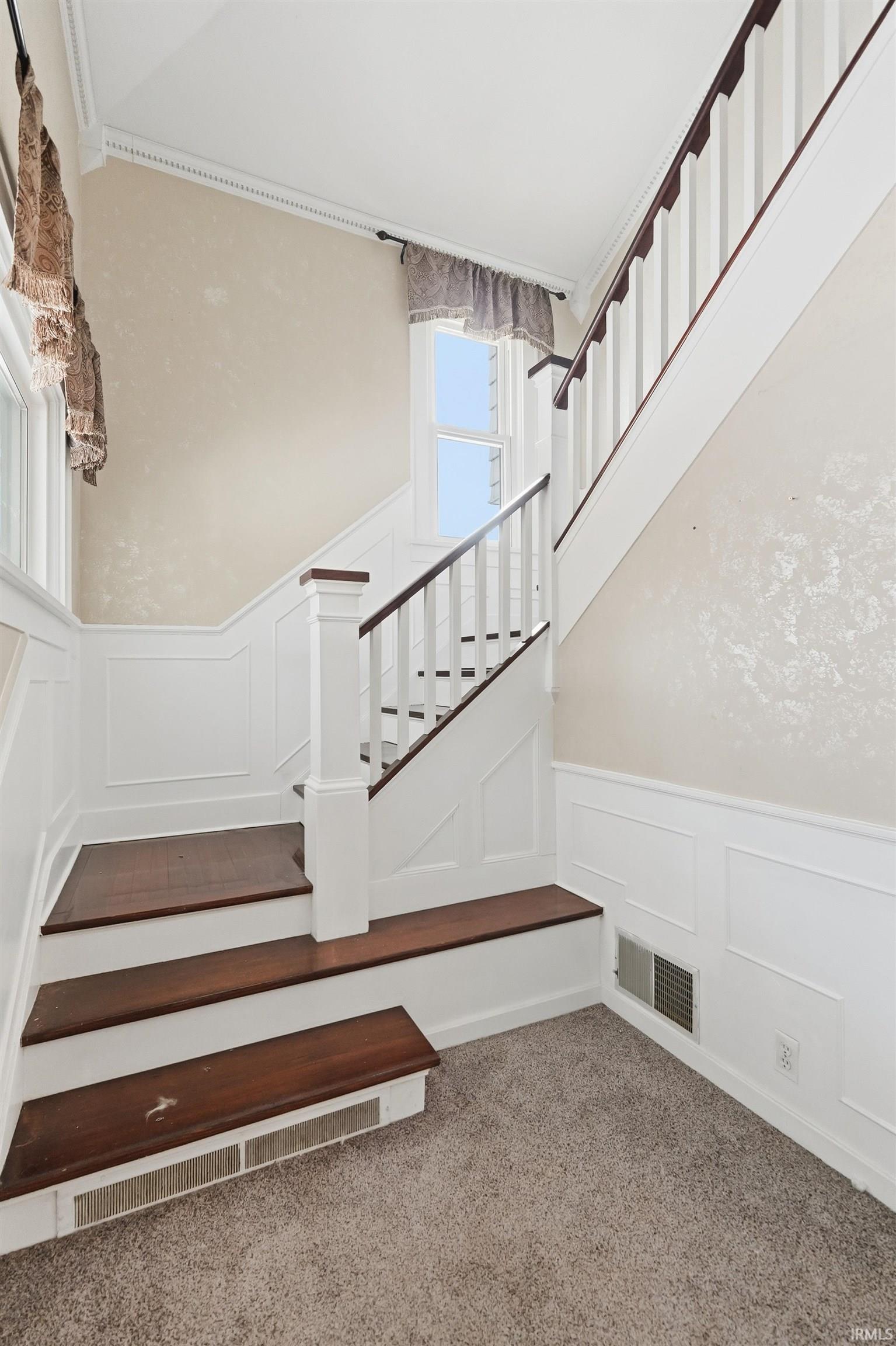 Stairs with a decorative wall, a wainscoted wall, and carpet flooring