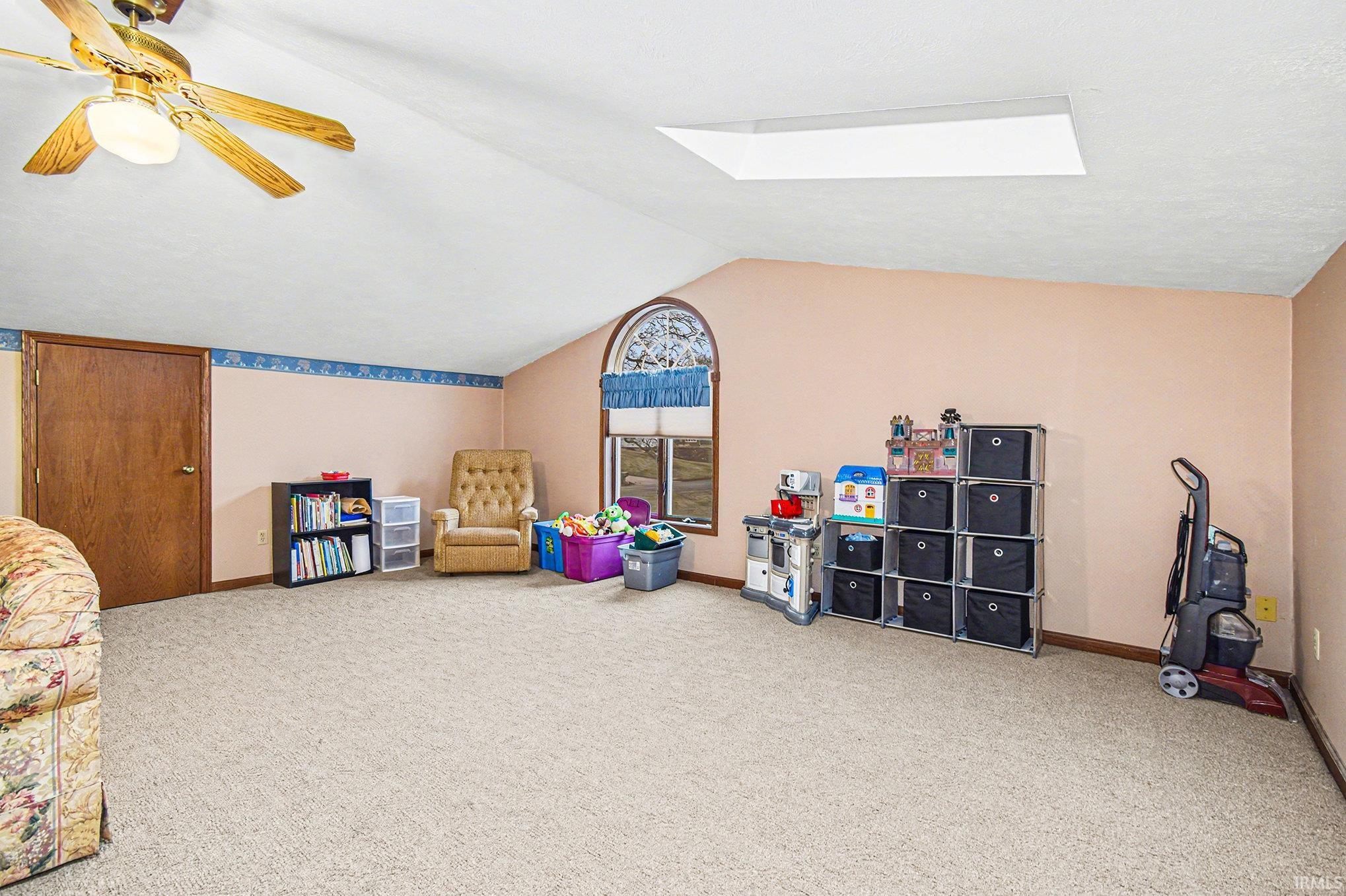 Rec room with carpet floors, vaulted ceiling, and a skylight