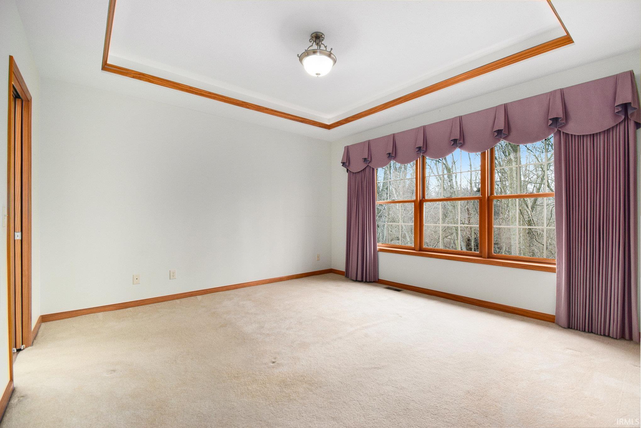 Unfurnished room with a tray ceiling and light colored carpet
