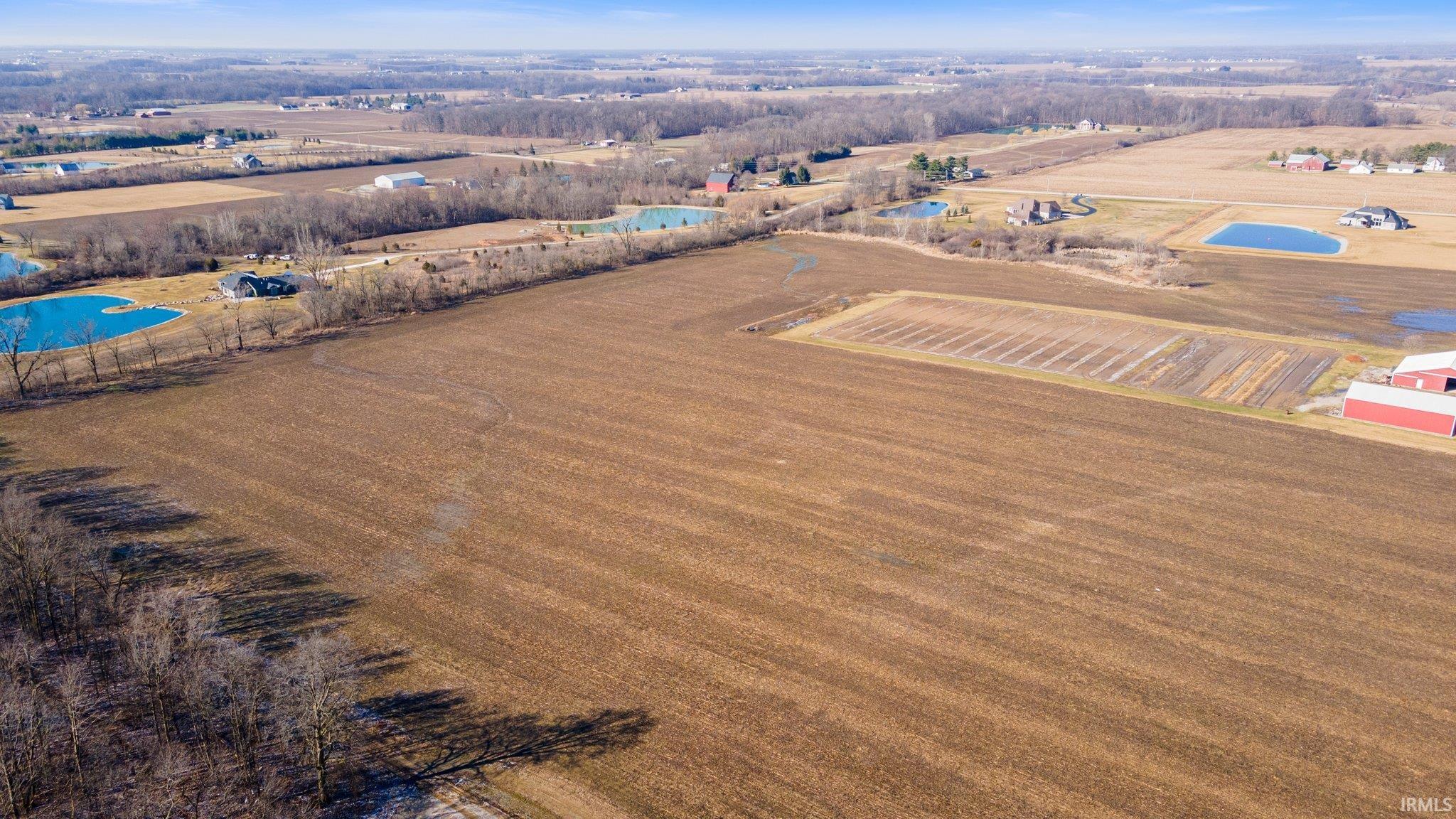 Overview of rural landscape featuring rows of crops