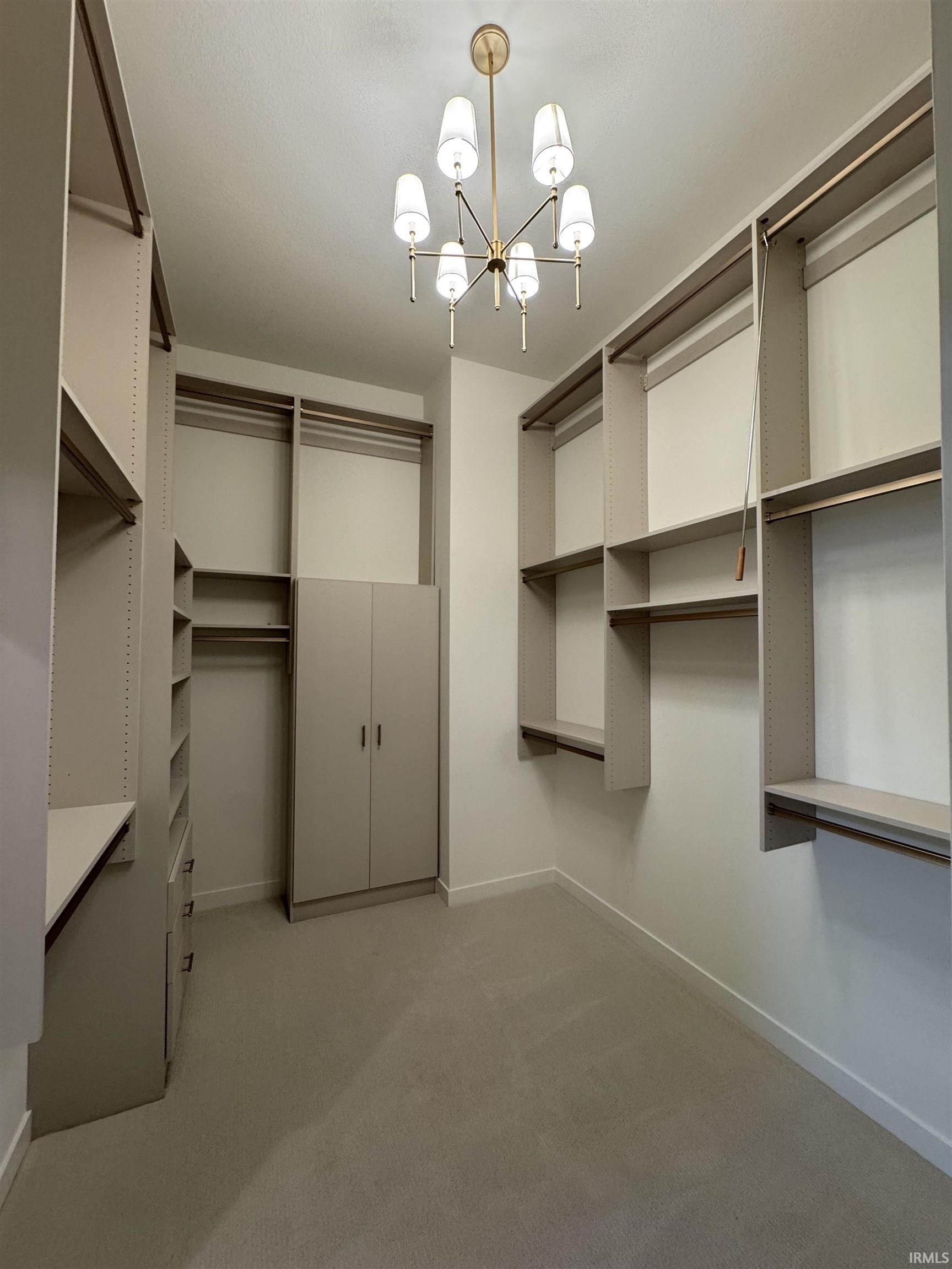 Walk in closet featuring hanging lights and light carpet