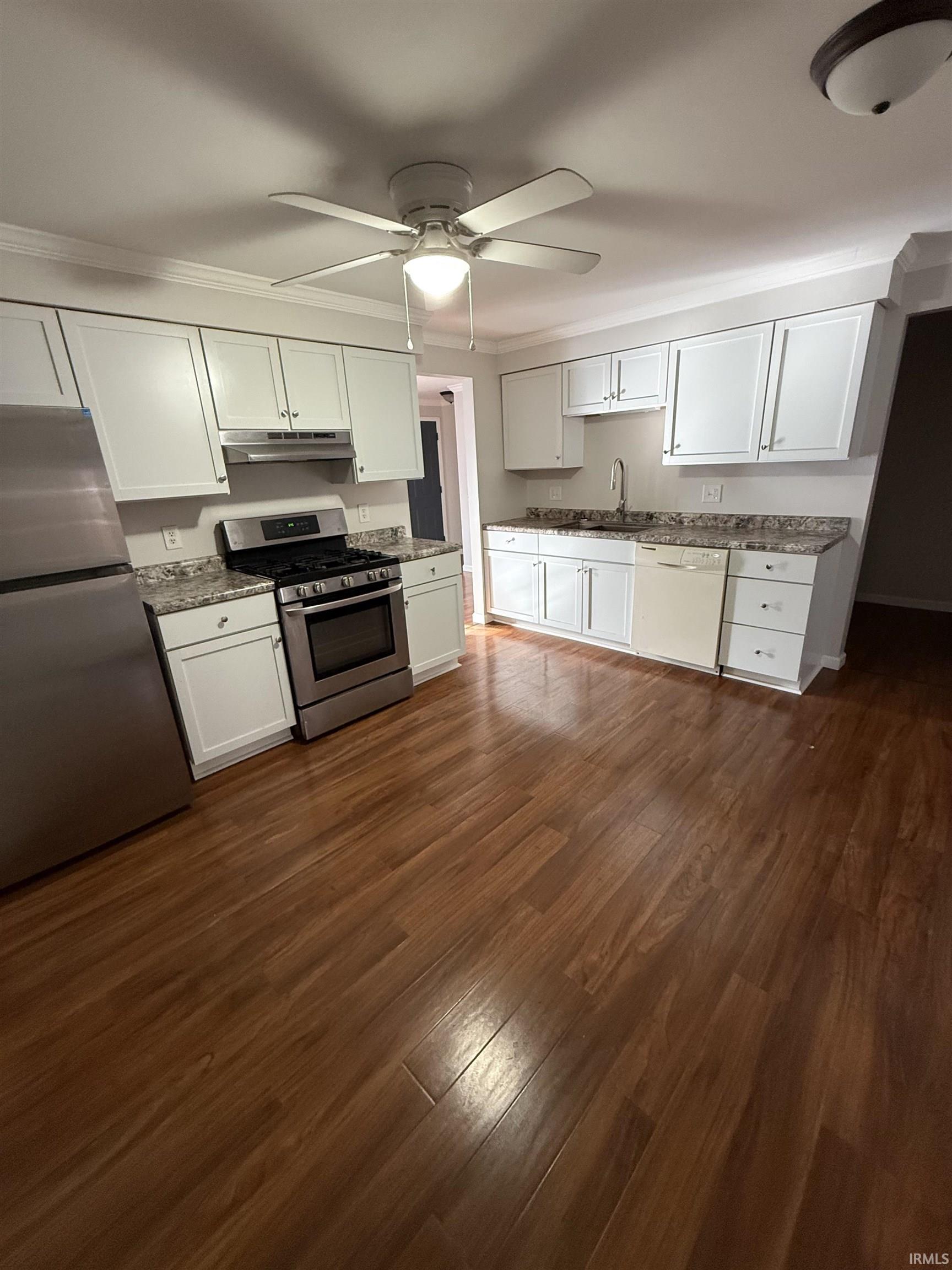 Kitchen featuring stainless steel appliances, white cabinets, dark wood-style flooring, a ceiling fan, and under cabinet range hood