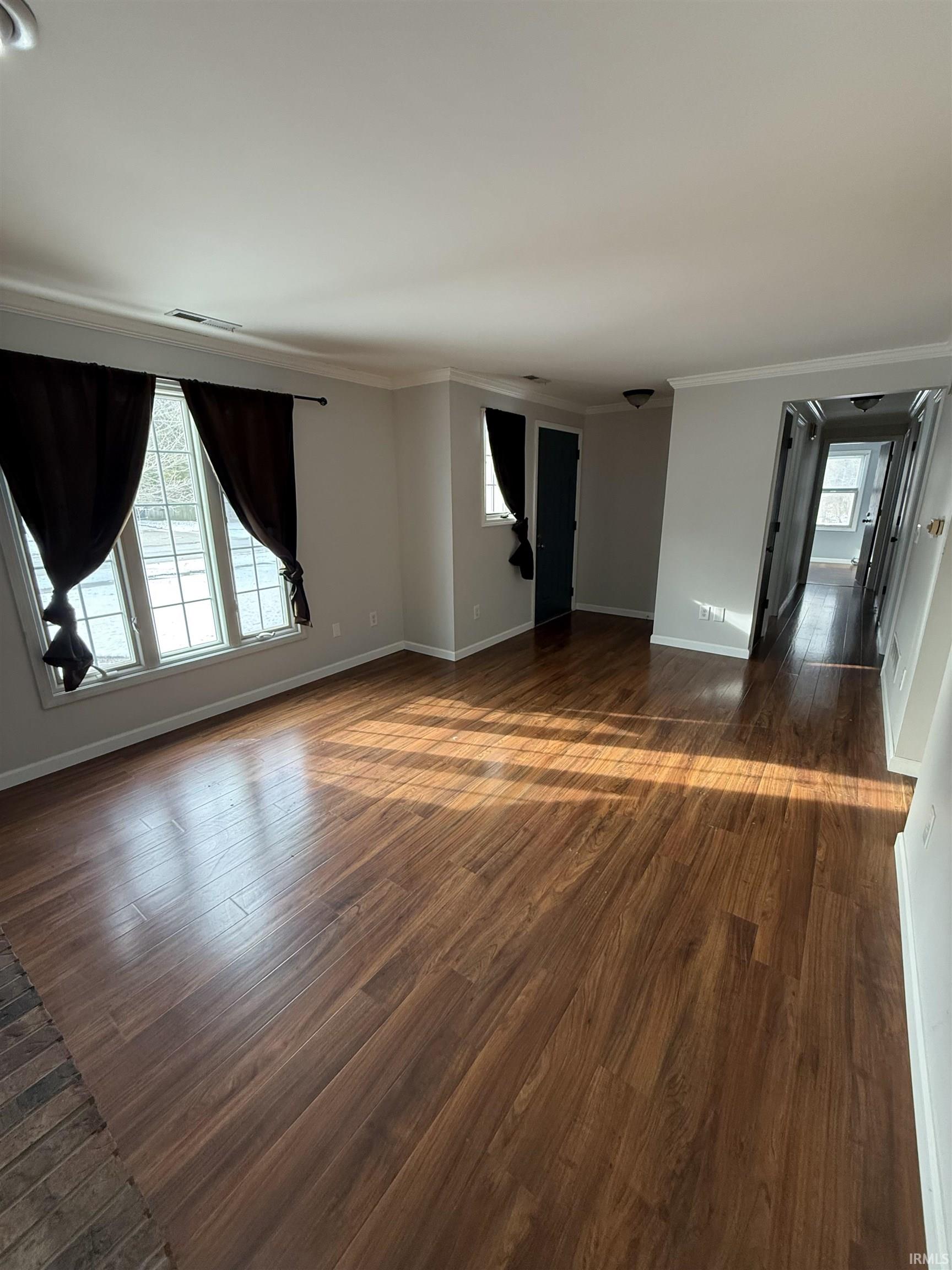 Spare room with dark wood finished floors and ornamental molding