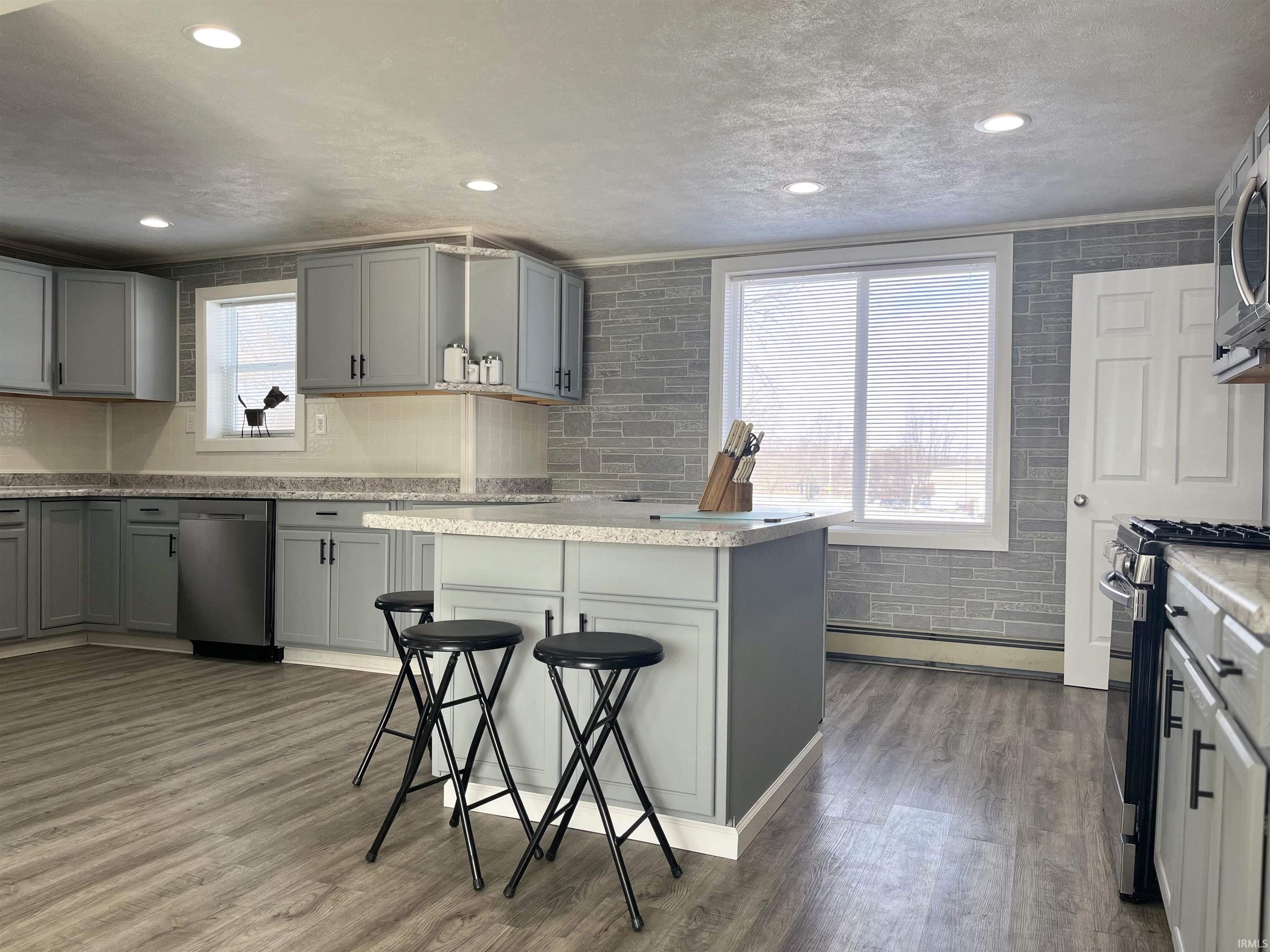 Kitchen with gray cabinets, stainless steel appliances, a kitchen breakfast bar, and recessed lighting