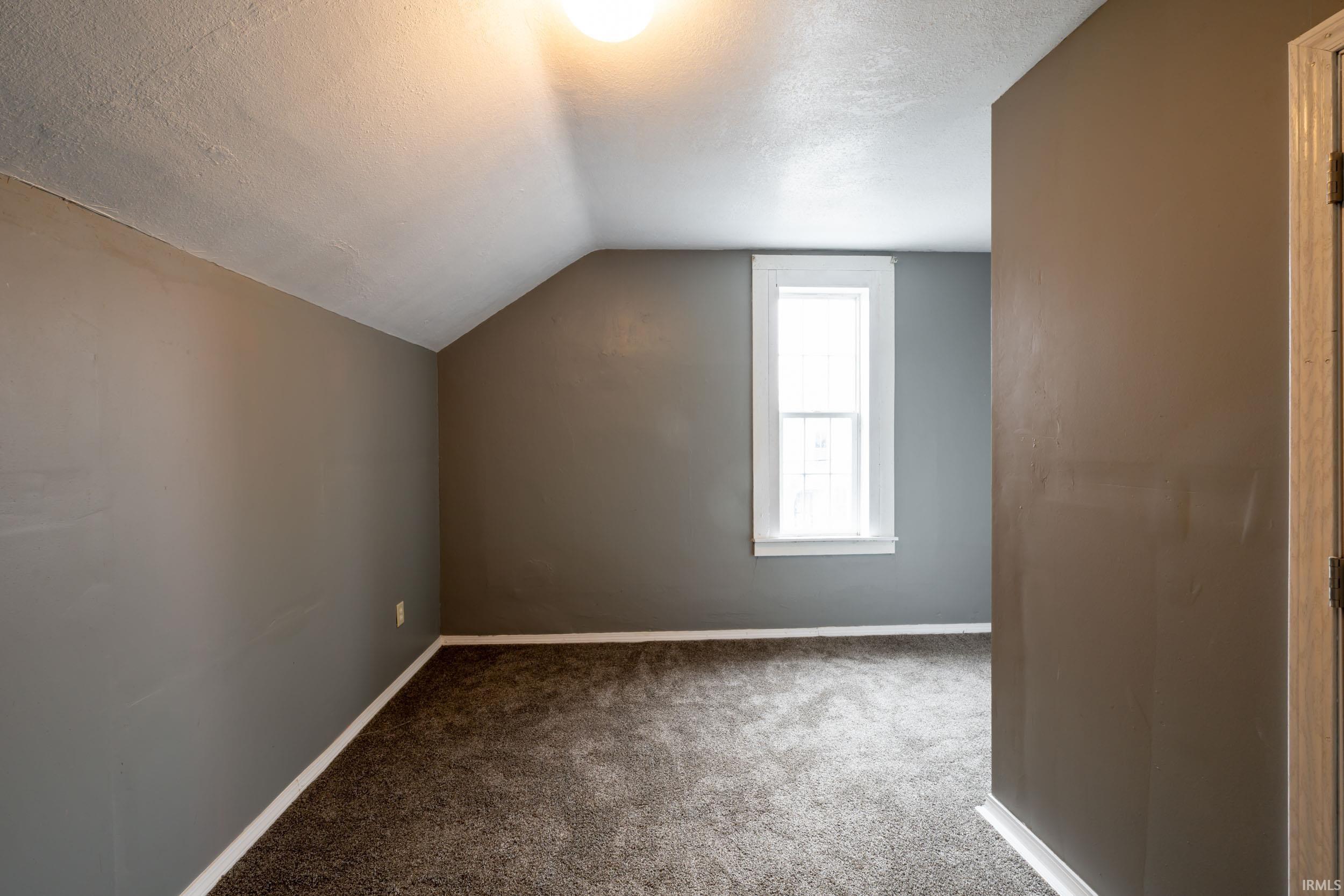 Bonus room with carpet flooring, lofted ceiling, and a textured ceiling