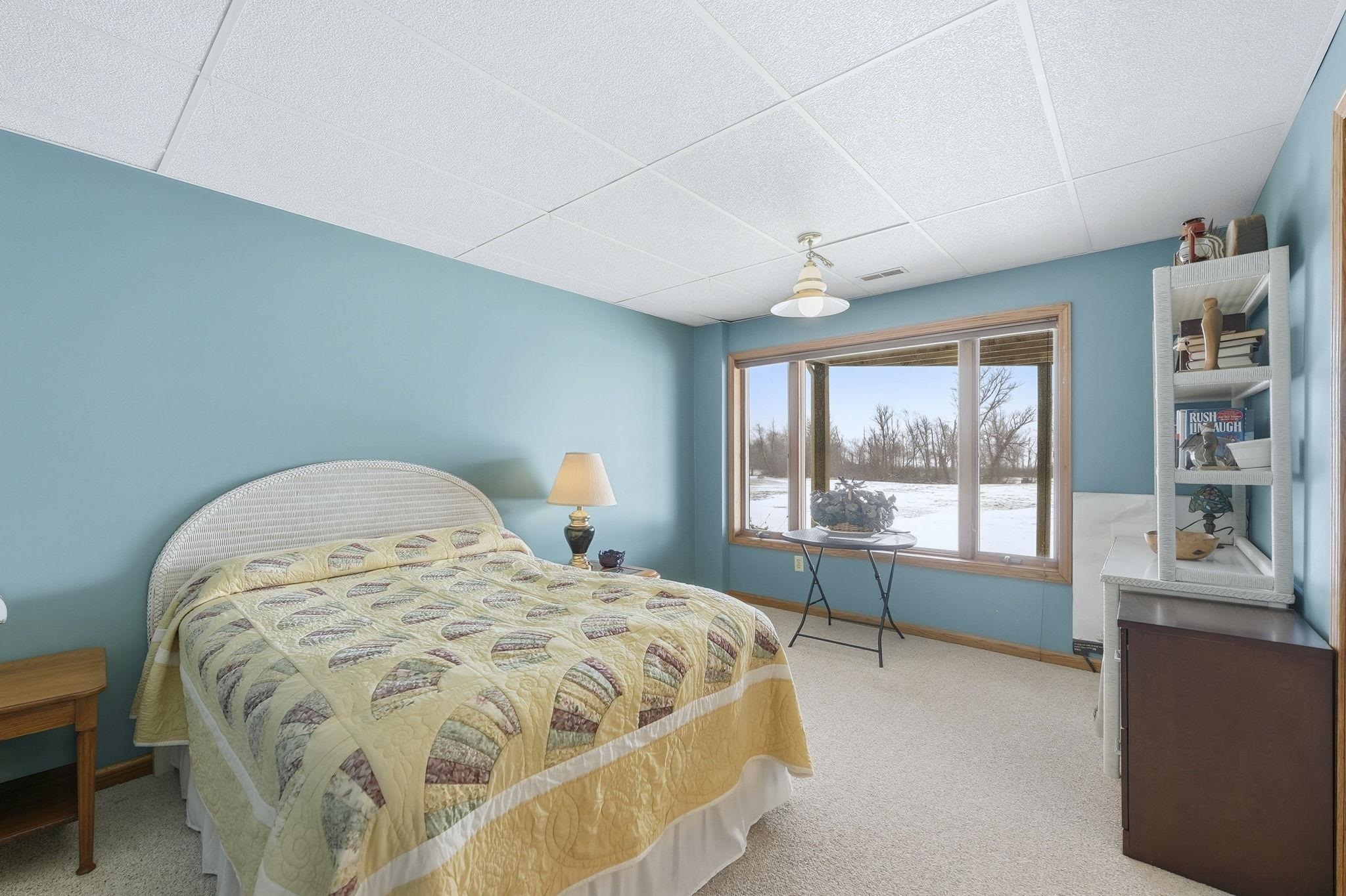 Bedroom with a paneled ceiling and light colored carpet