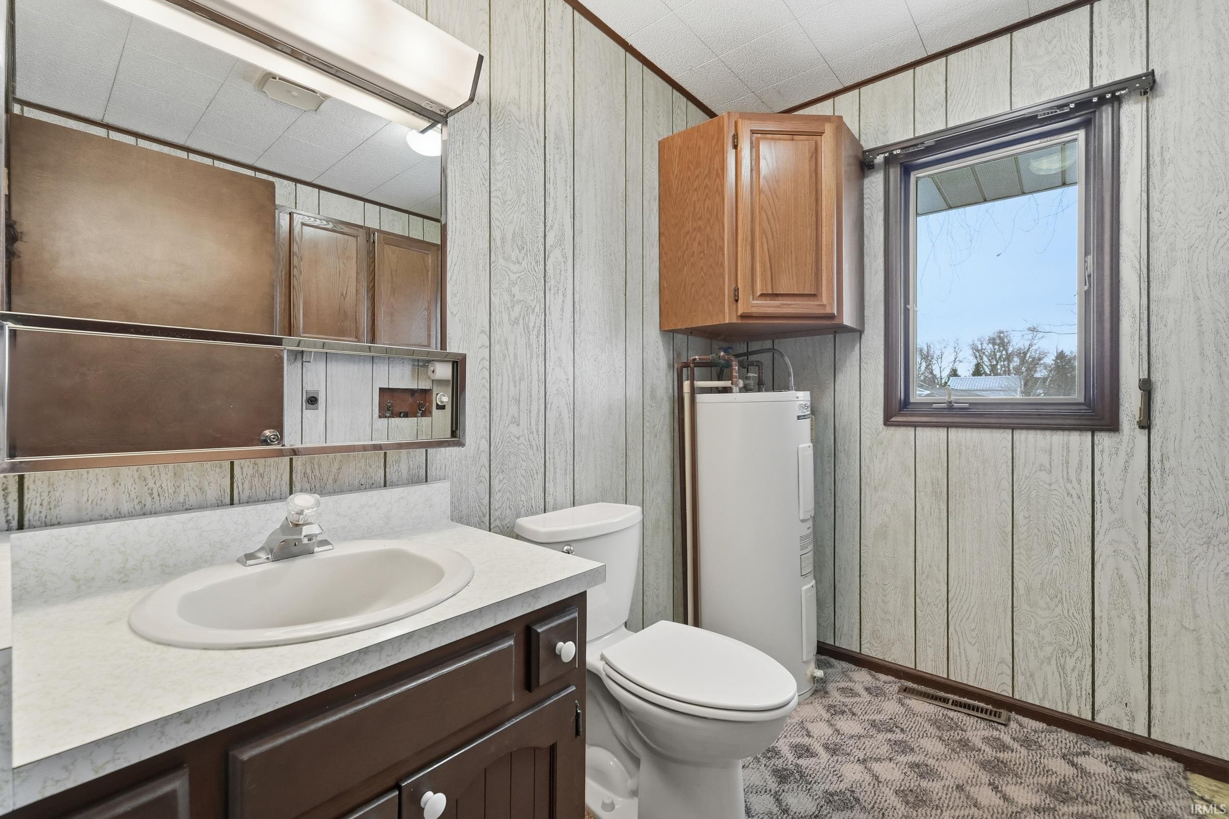 Bathroom with wooden walls, vanity, and water heater