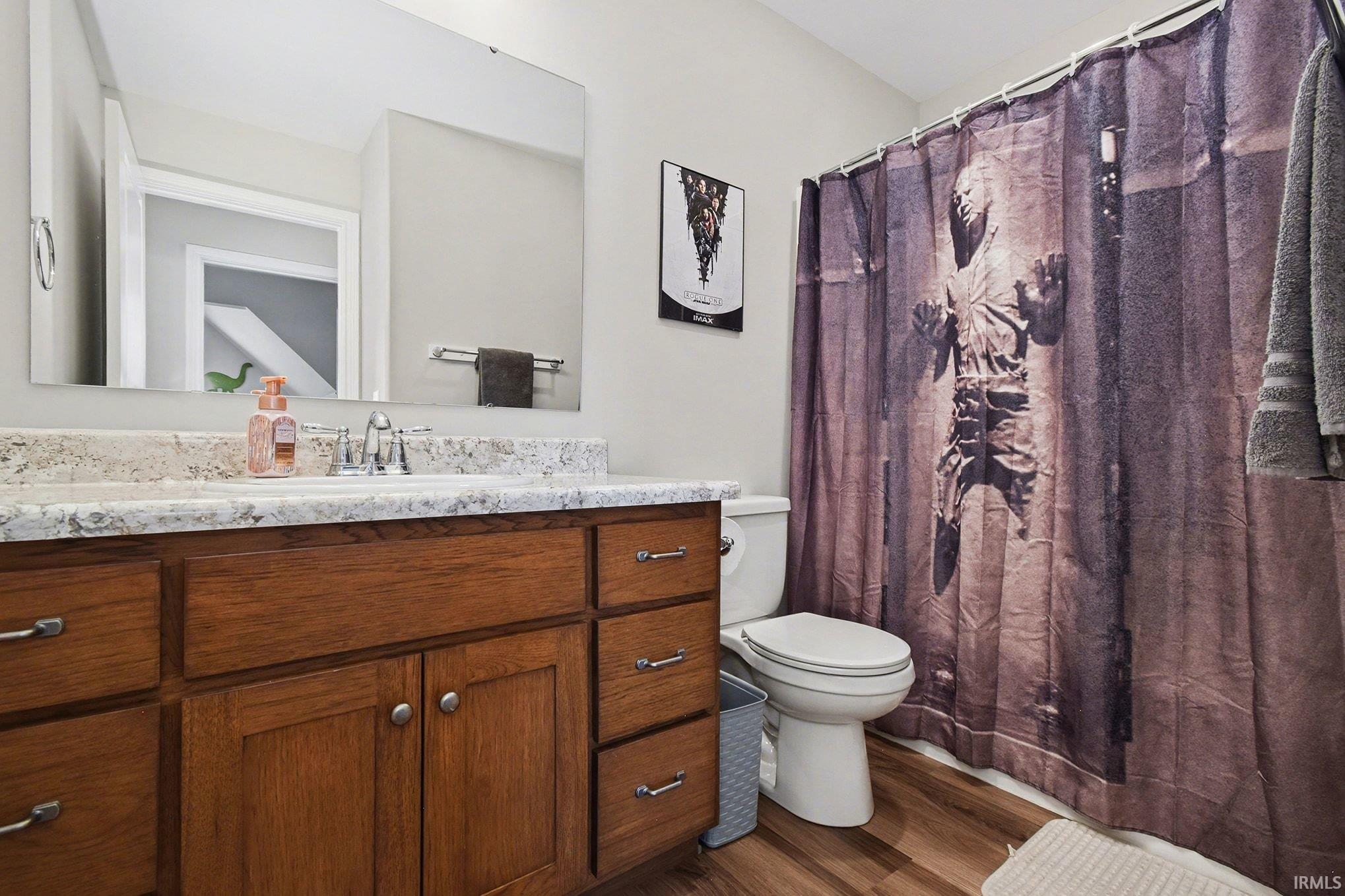 Bathroom with a shower with shower curtain, dark wood-type flooring, and vanity