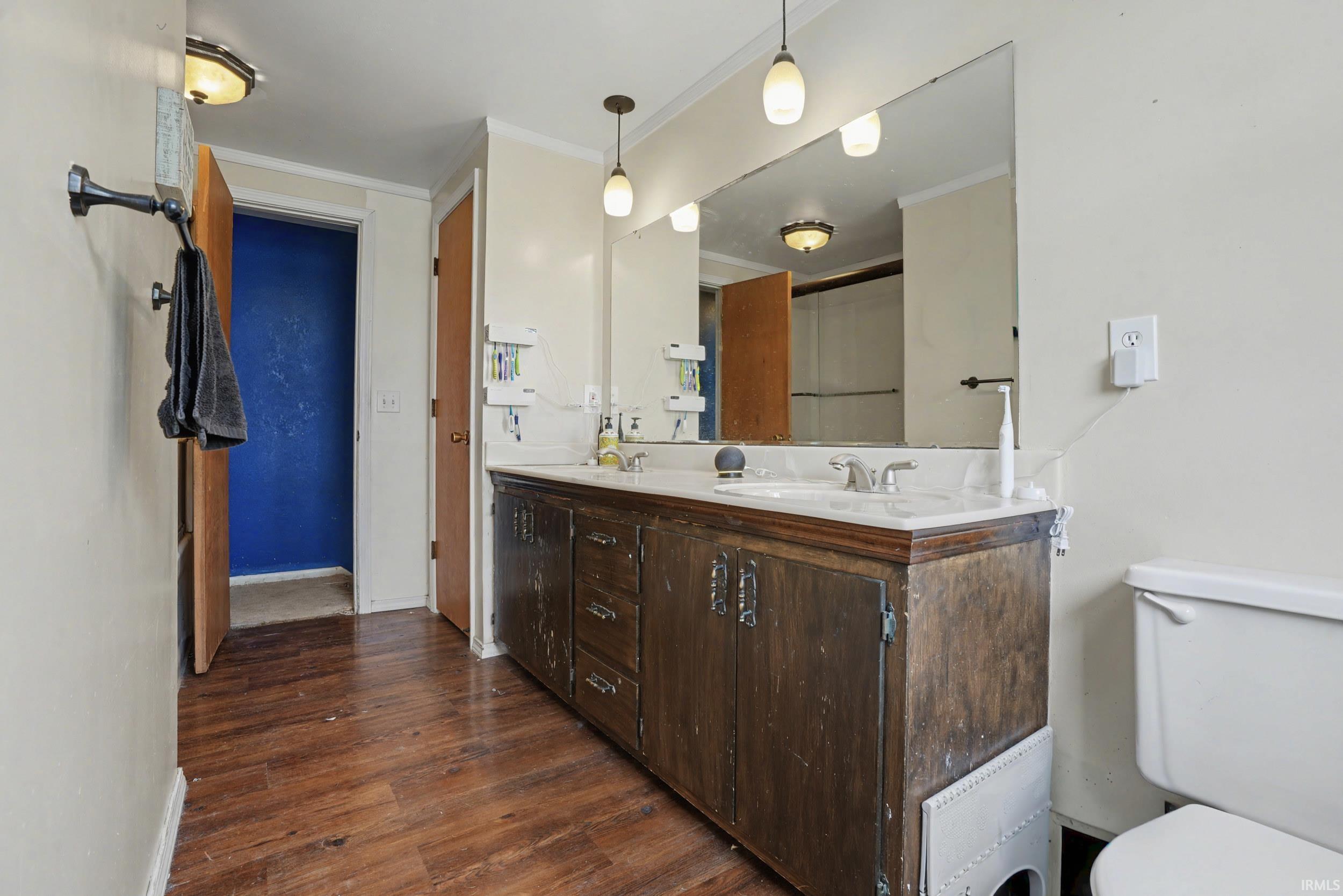 Full bathroom with double vanity, dark wood-style floors, and crown molding