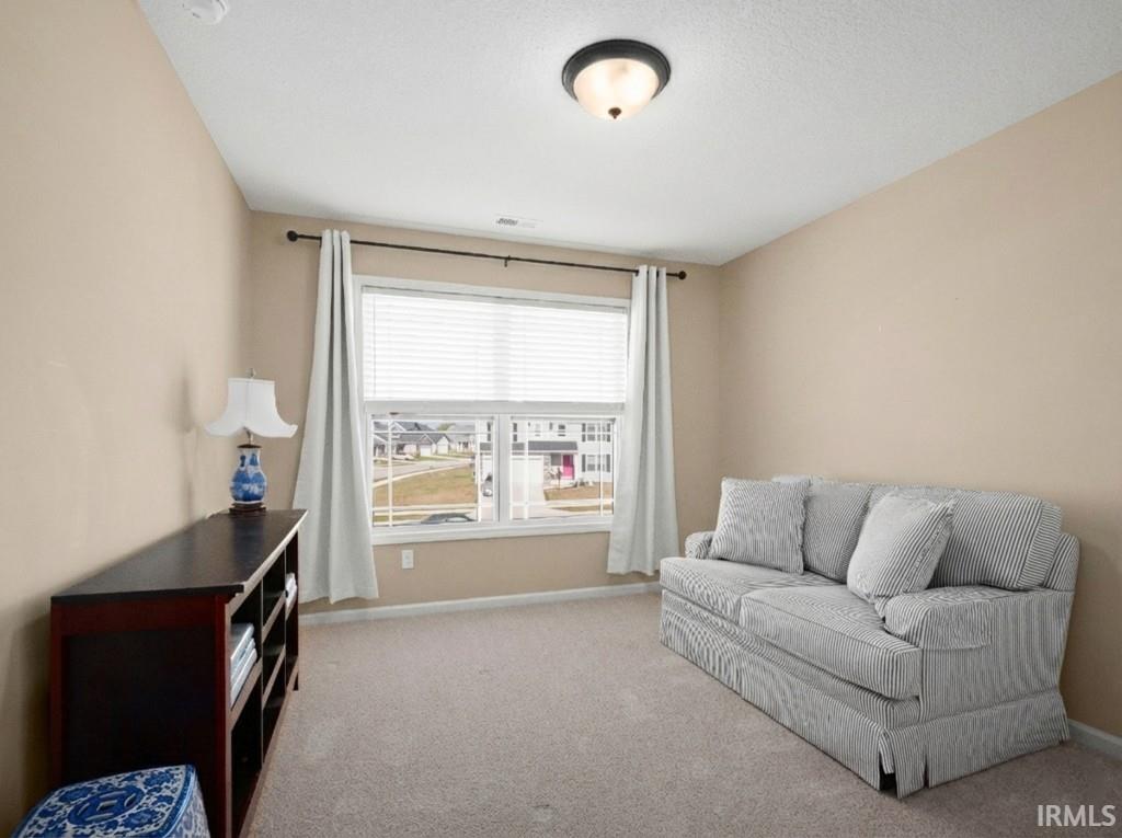 Living room featuring light carpet and baseboards