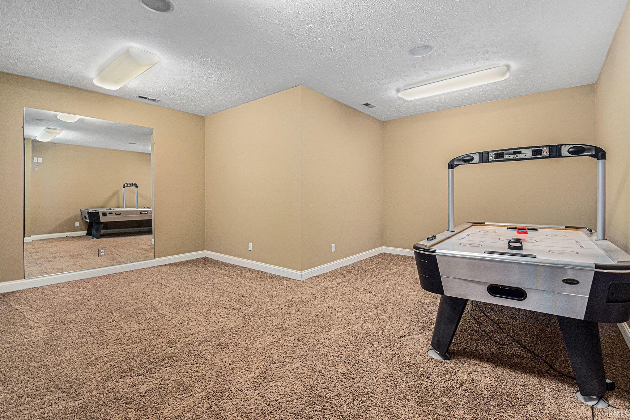 Rec room with light colored carpet and a textured ceiling