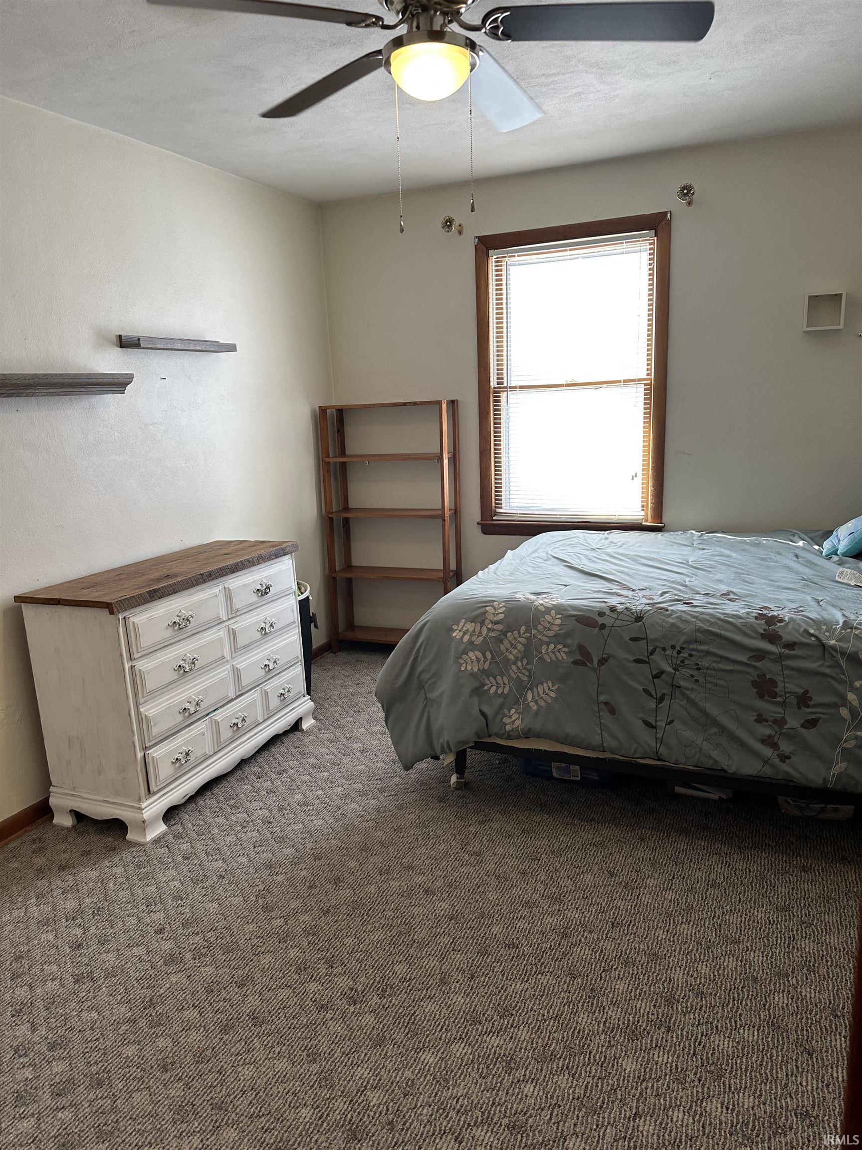 Carpeted bedroom with a ceiling fan