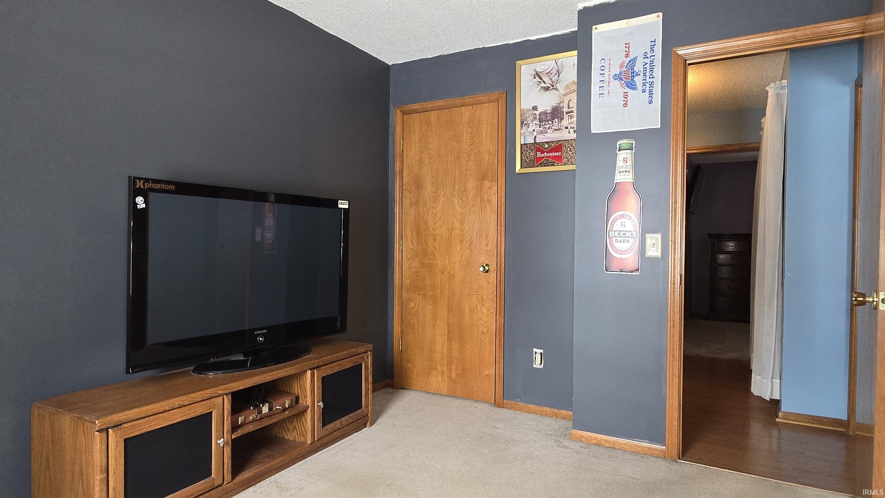 Unfurnished living room with carpet floors and a textured ceiling