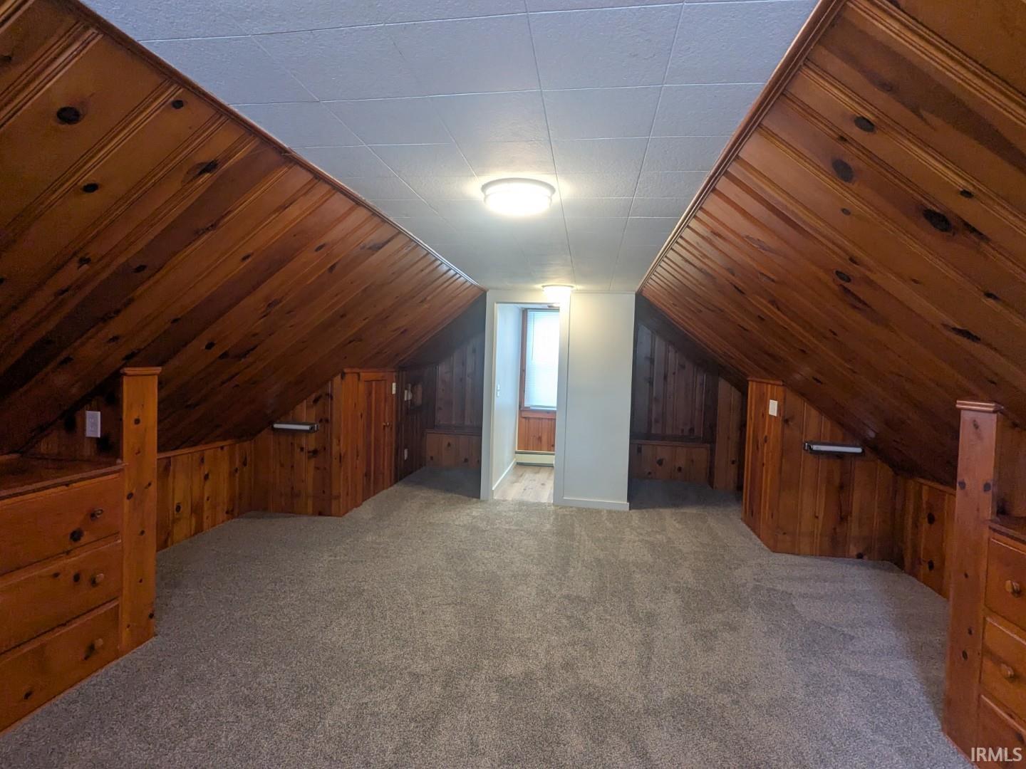 Bonus room featuring wood walls, light carpet, and vaulted ceiling