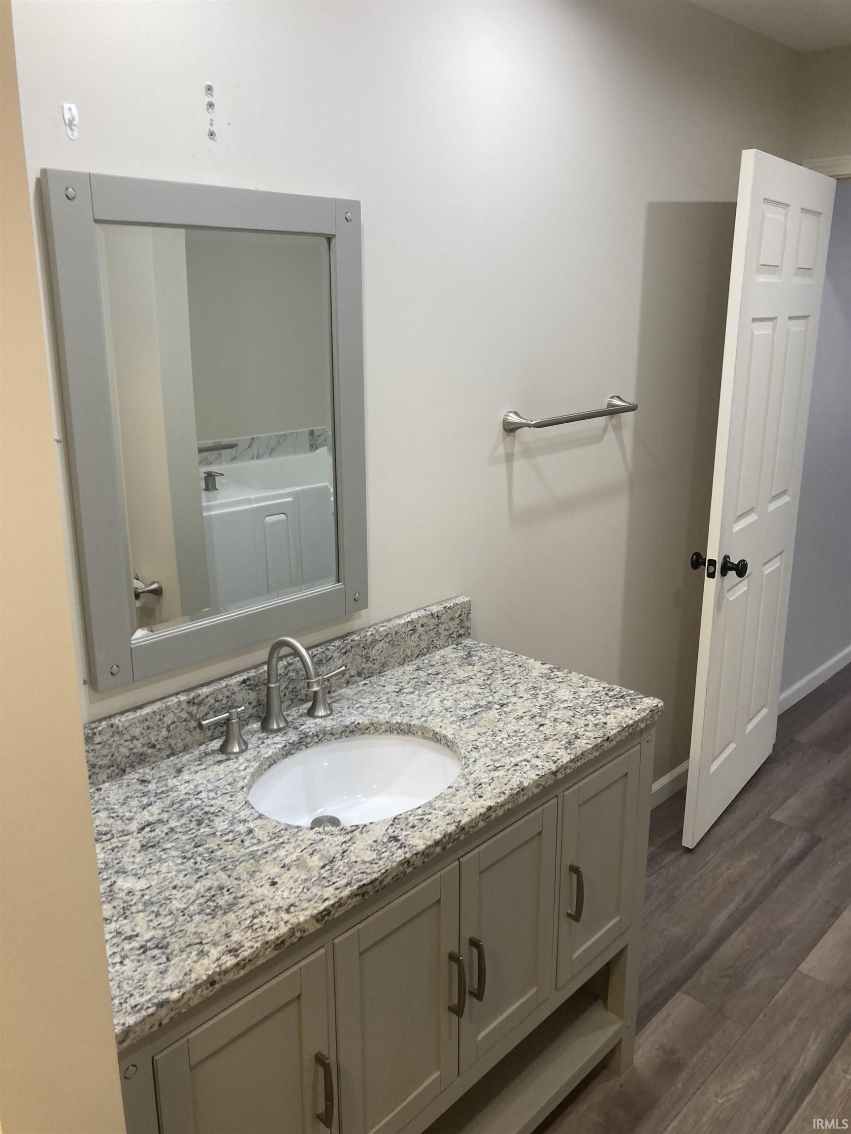 Bathroom with vanity and dark wood-style floors