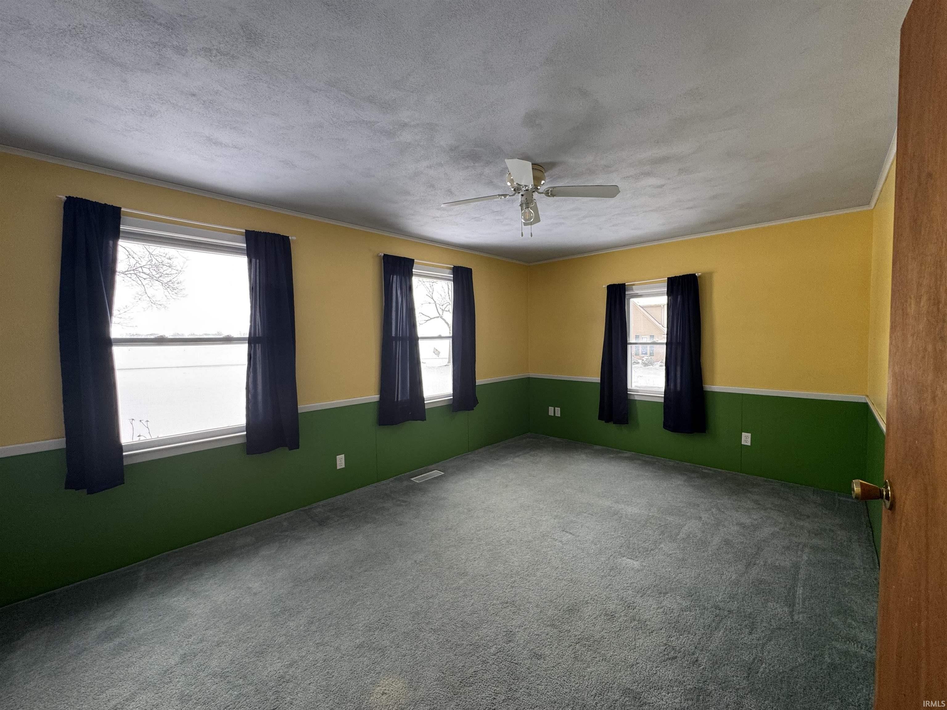 Unfurnished room with carpet, a textured ceiling, and ceiling fan