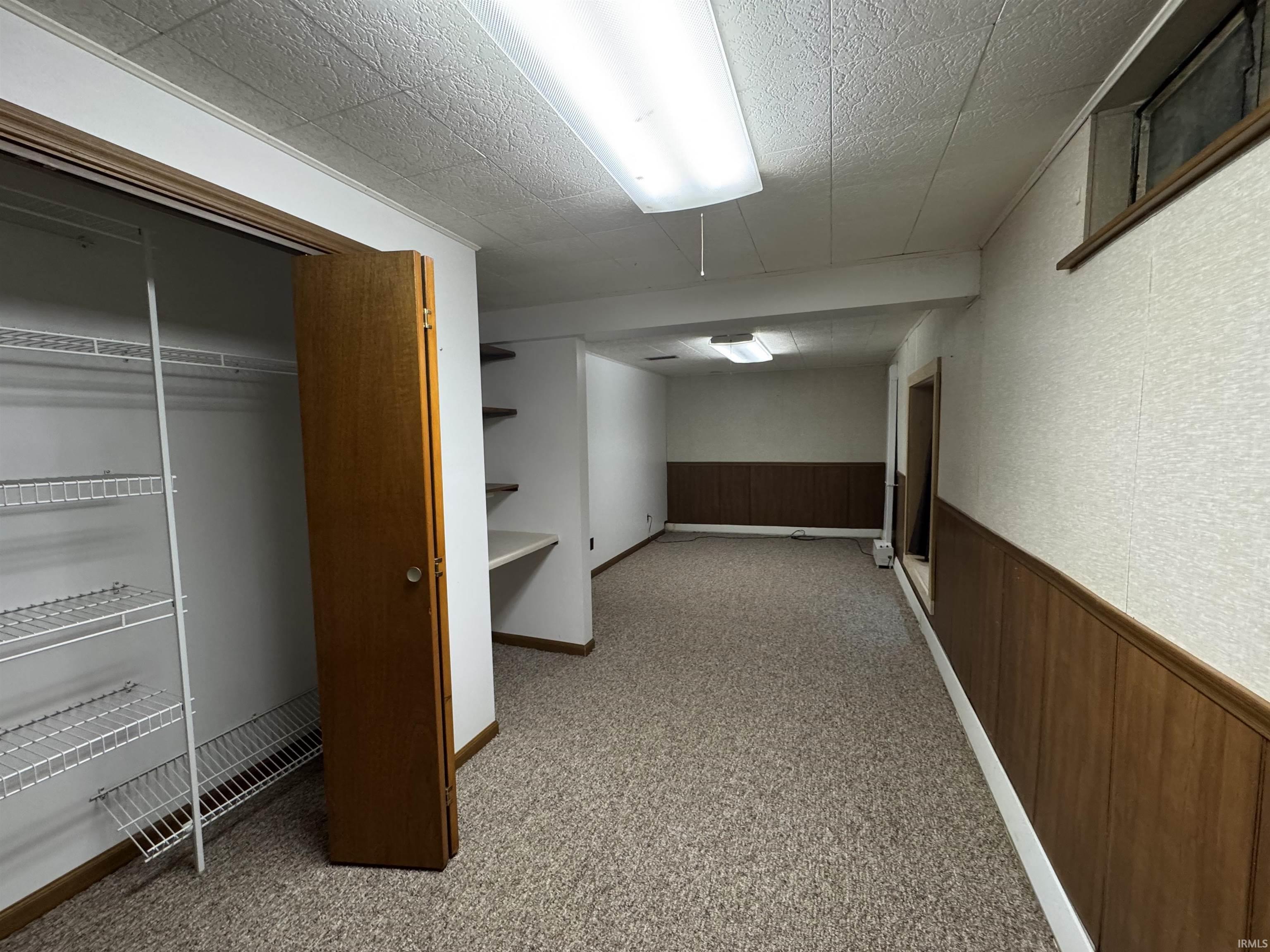 Finished basement with wainscoting, wood walls, and light colored carpet