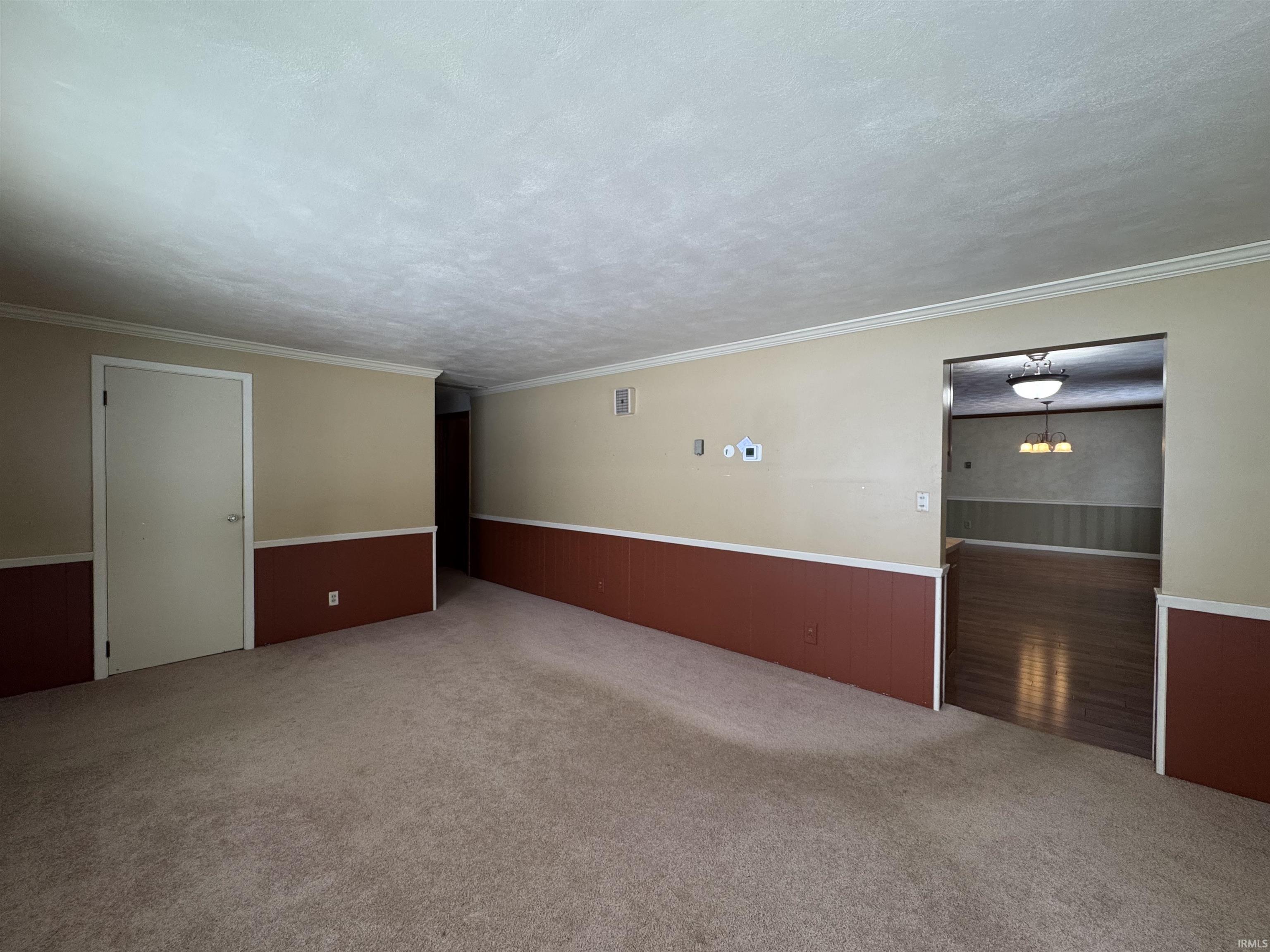 Carpeted empty room featuring wainscoting, crown molding, a textured ceiling, and wood walls