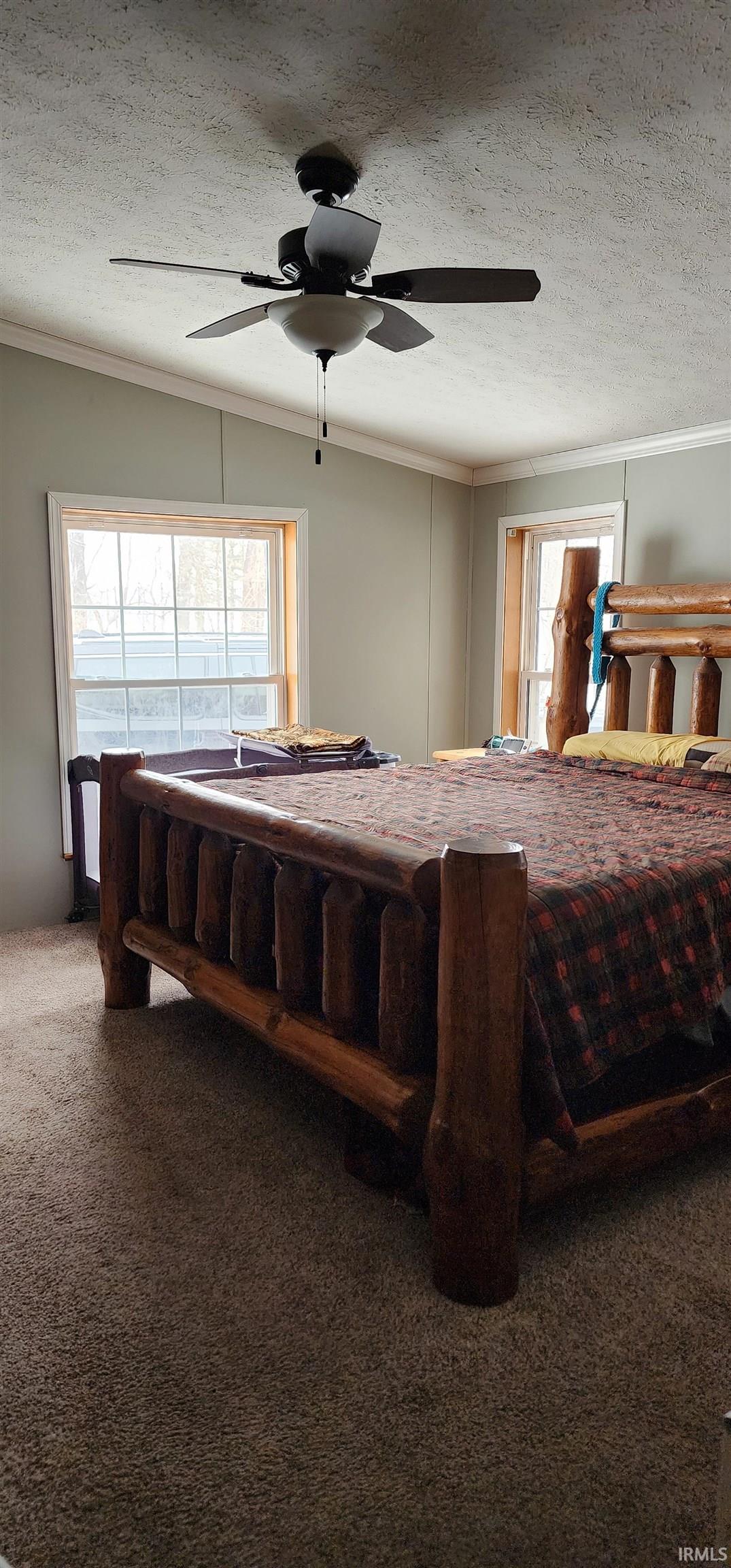 Bedroom featuring carpet floors, a textured ceiling, ornamental molding, a ceiling fan, and multiple windows