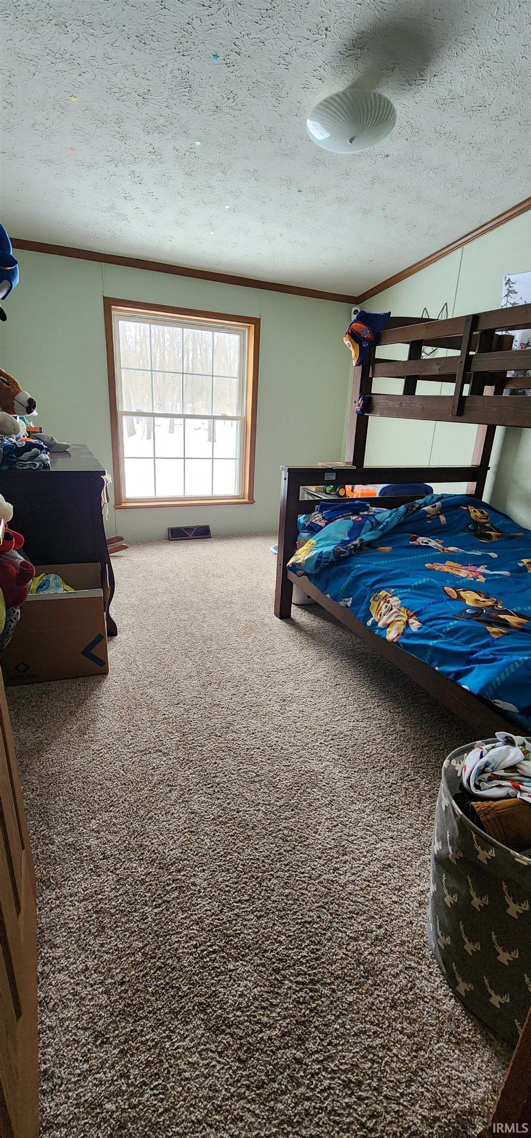 Carpeted bedroom with ornamental molding and a textured ceiling