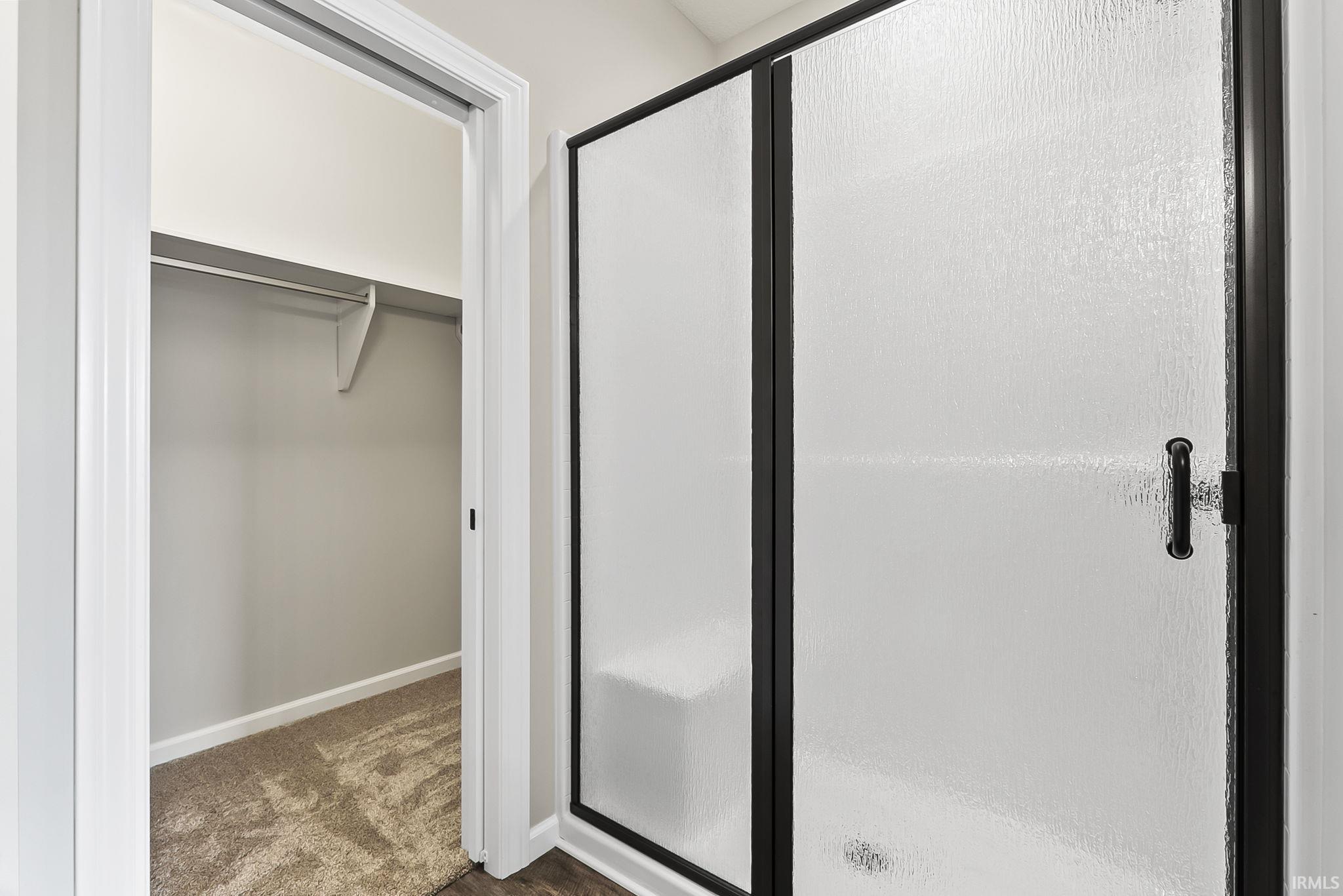 Bathroom featuring a shower stall, a spacious closet, and dark carpet