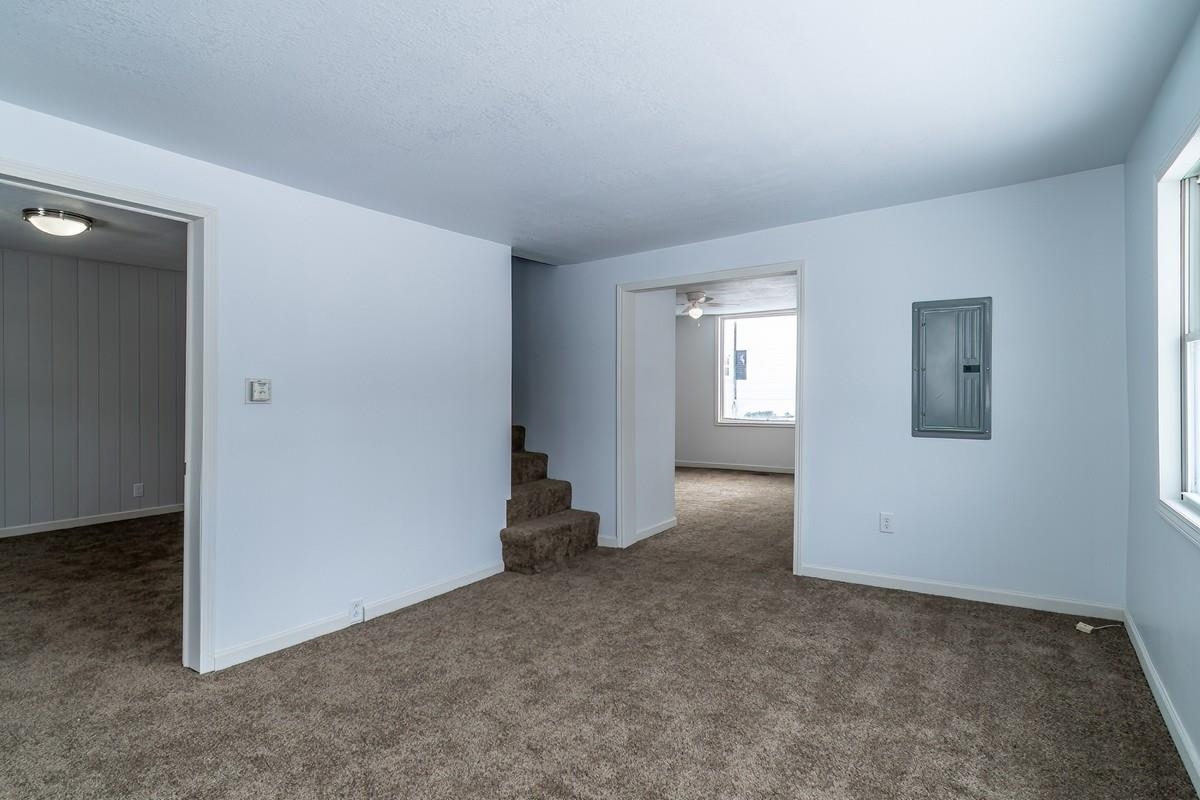 Carpeted spare room with electric panel and ceiling fan