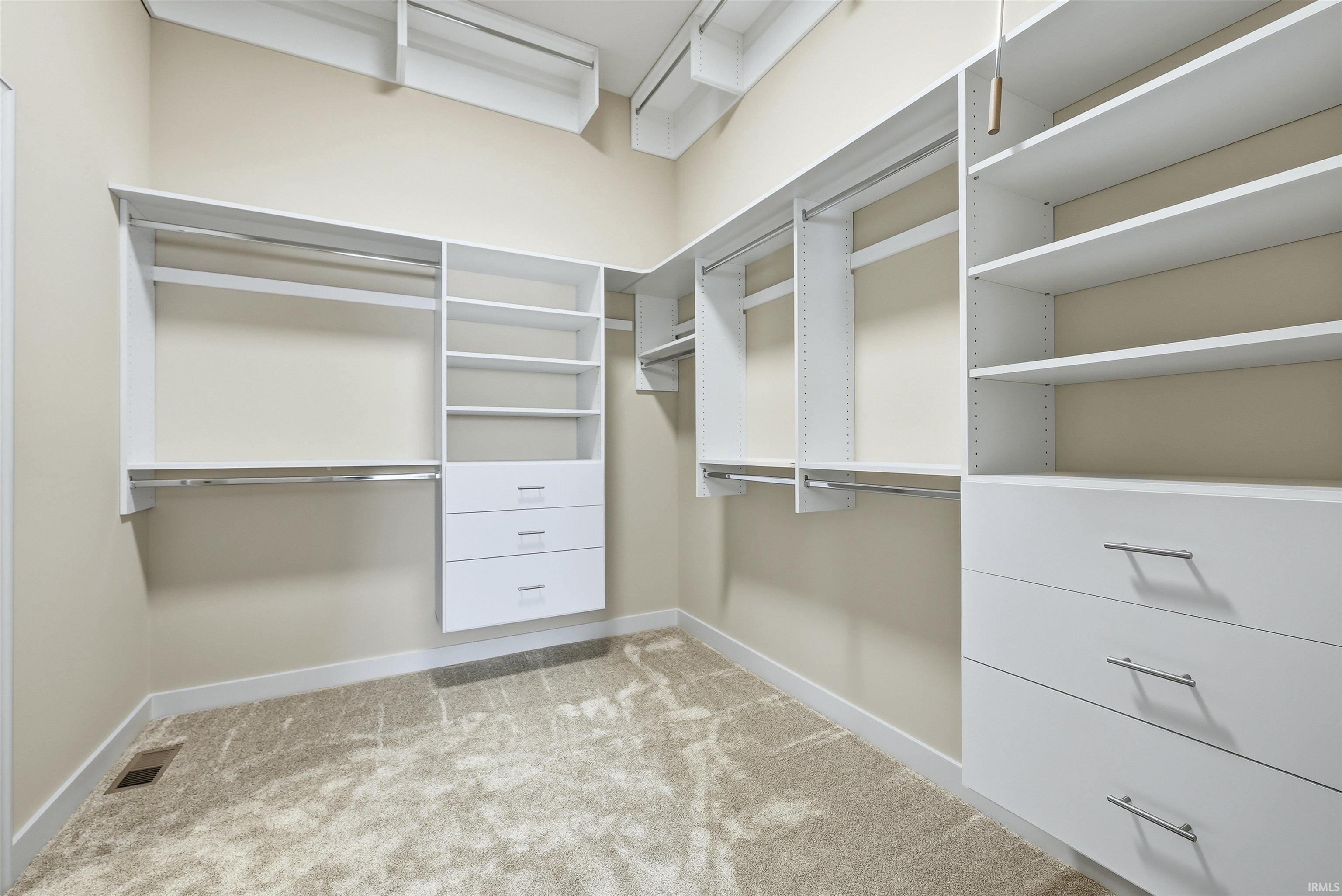 Walk in closet featuring light colored carpet