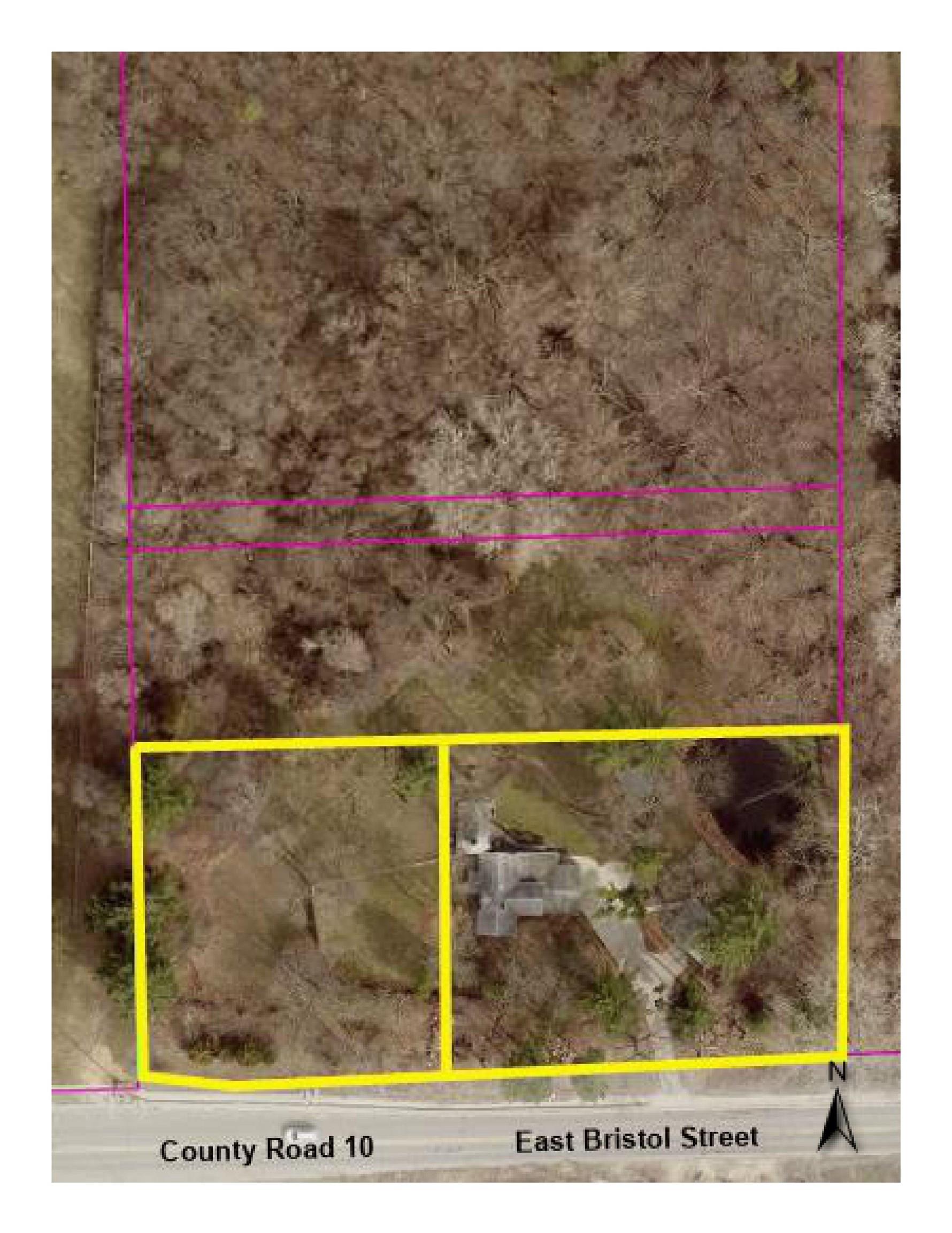 Aerial map of property and surrounding area with property boundaries highlighted