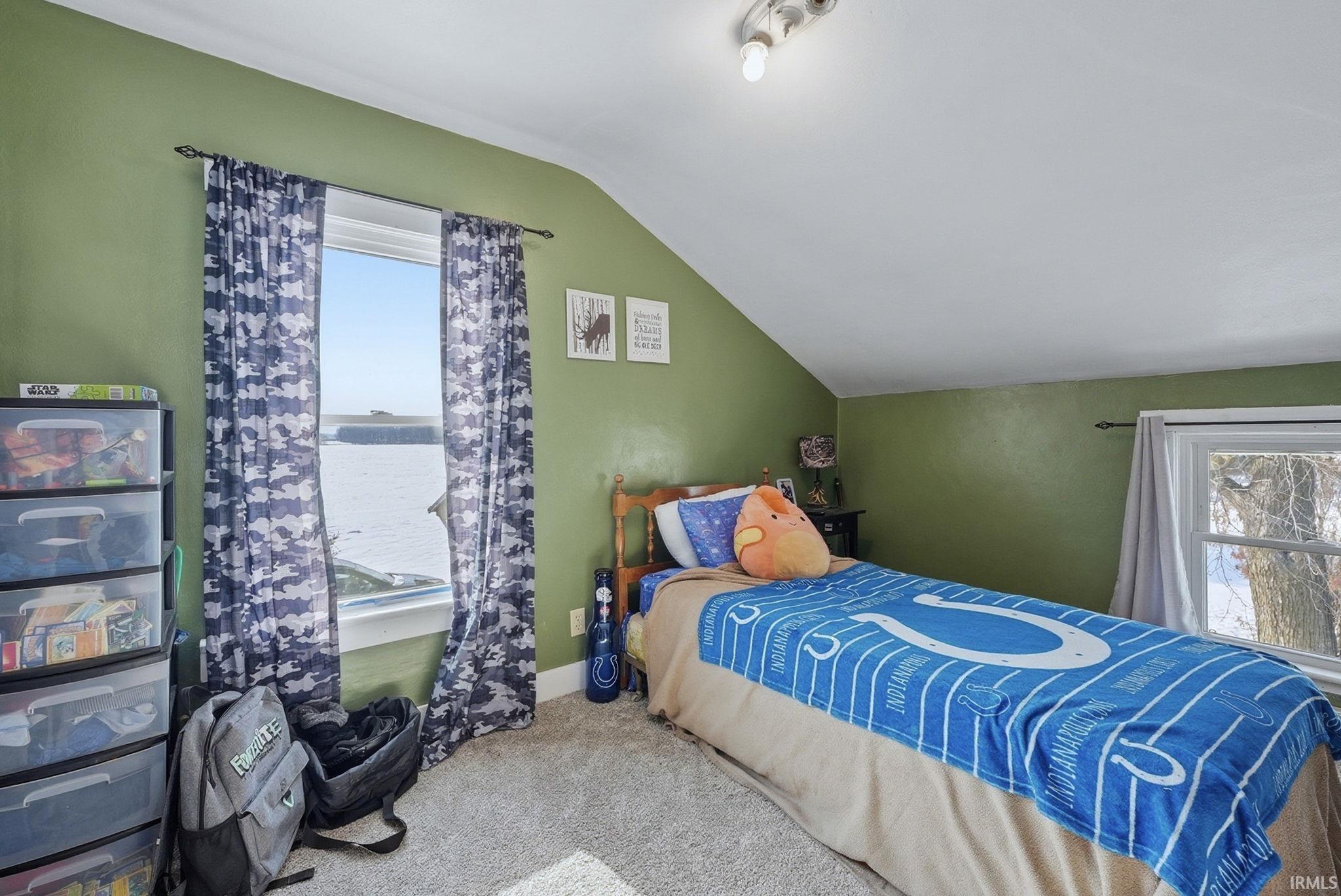 Bedroom with vaulted ceiling, carpet, and a water view