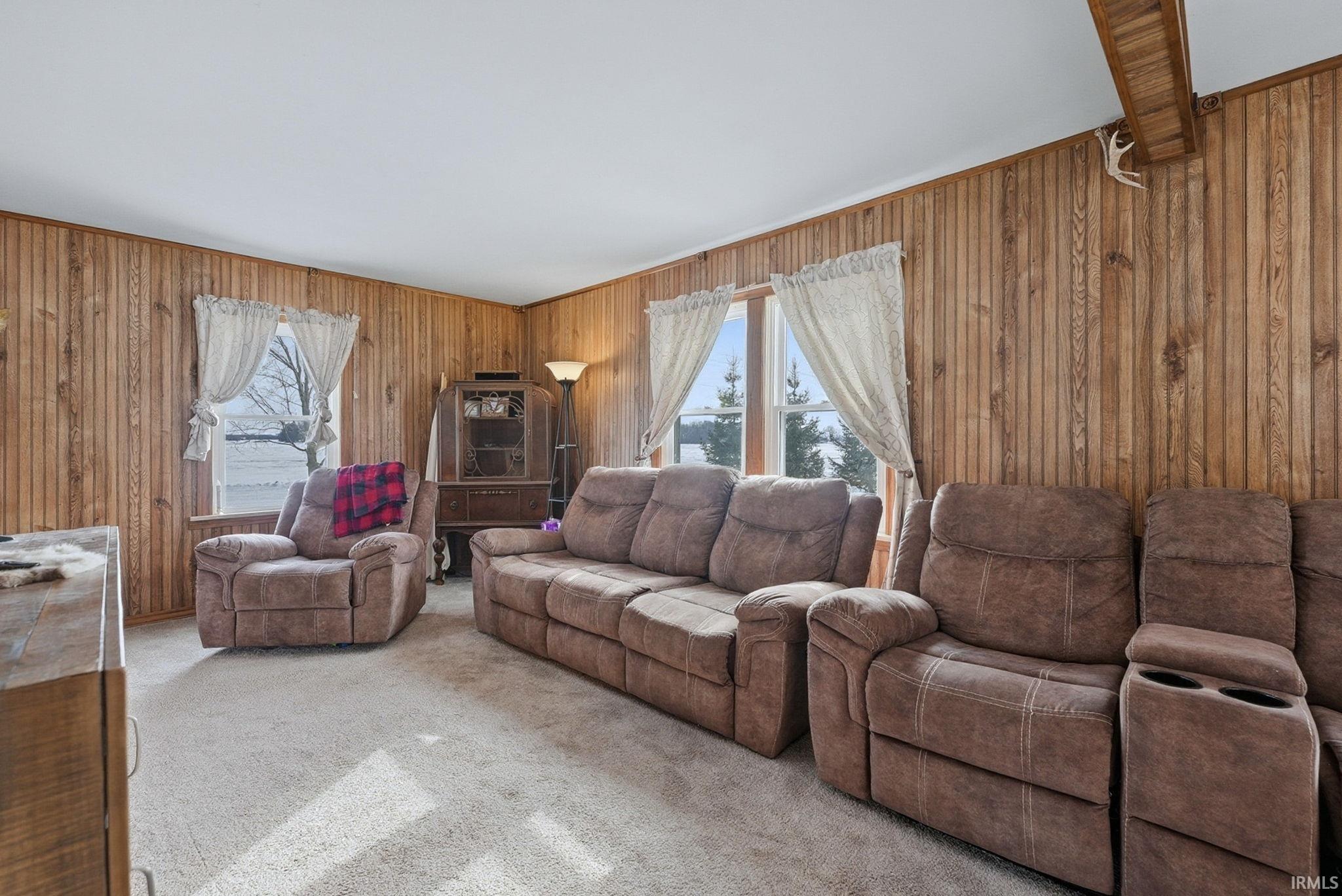 Carpeted living area with wood walls