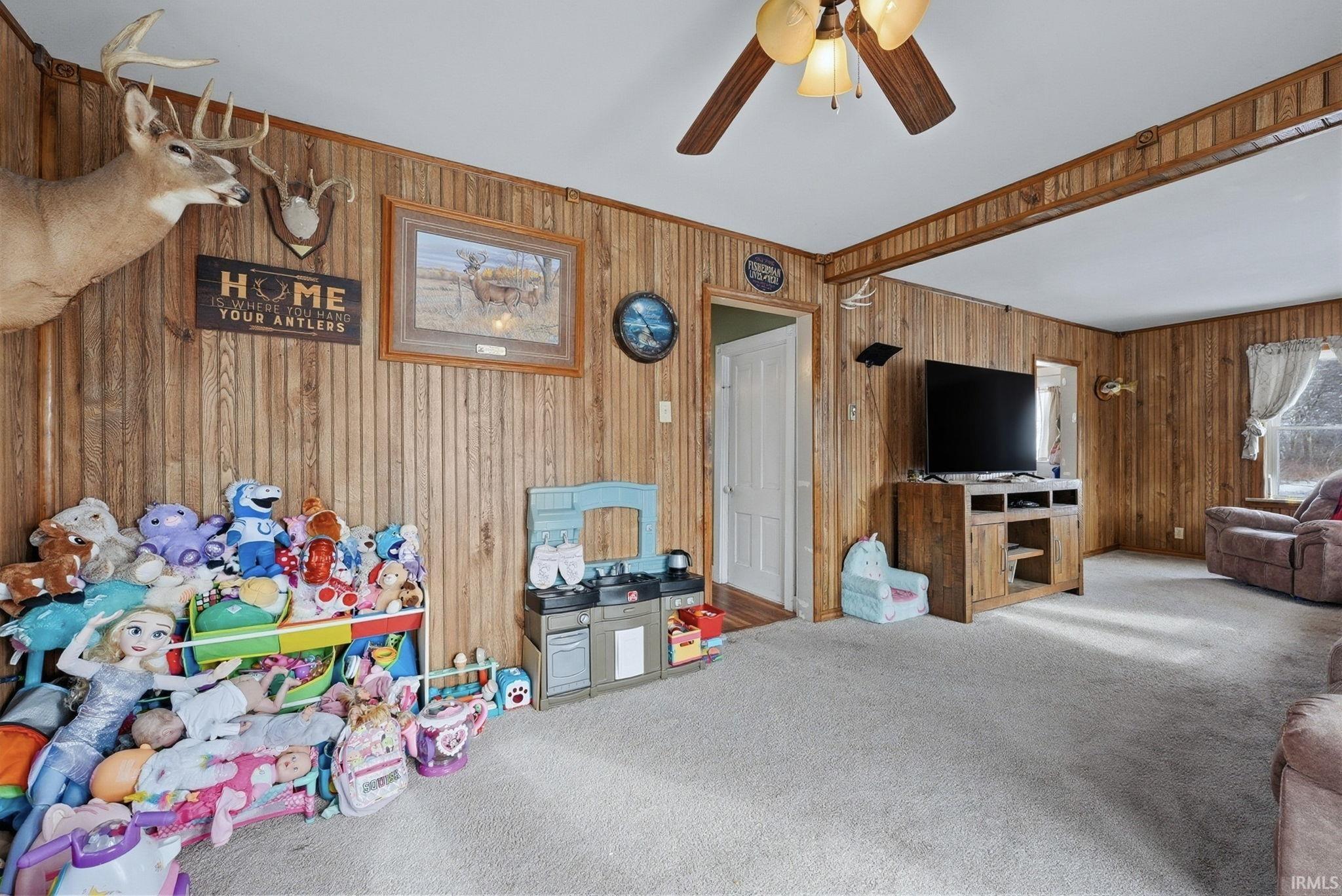 Rec room with carpet and ceiling fan