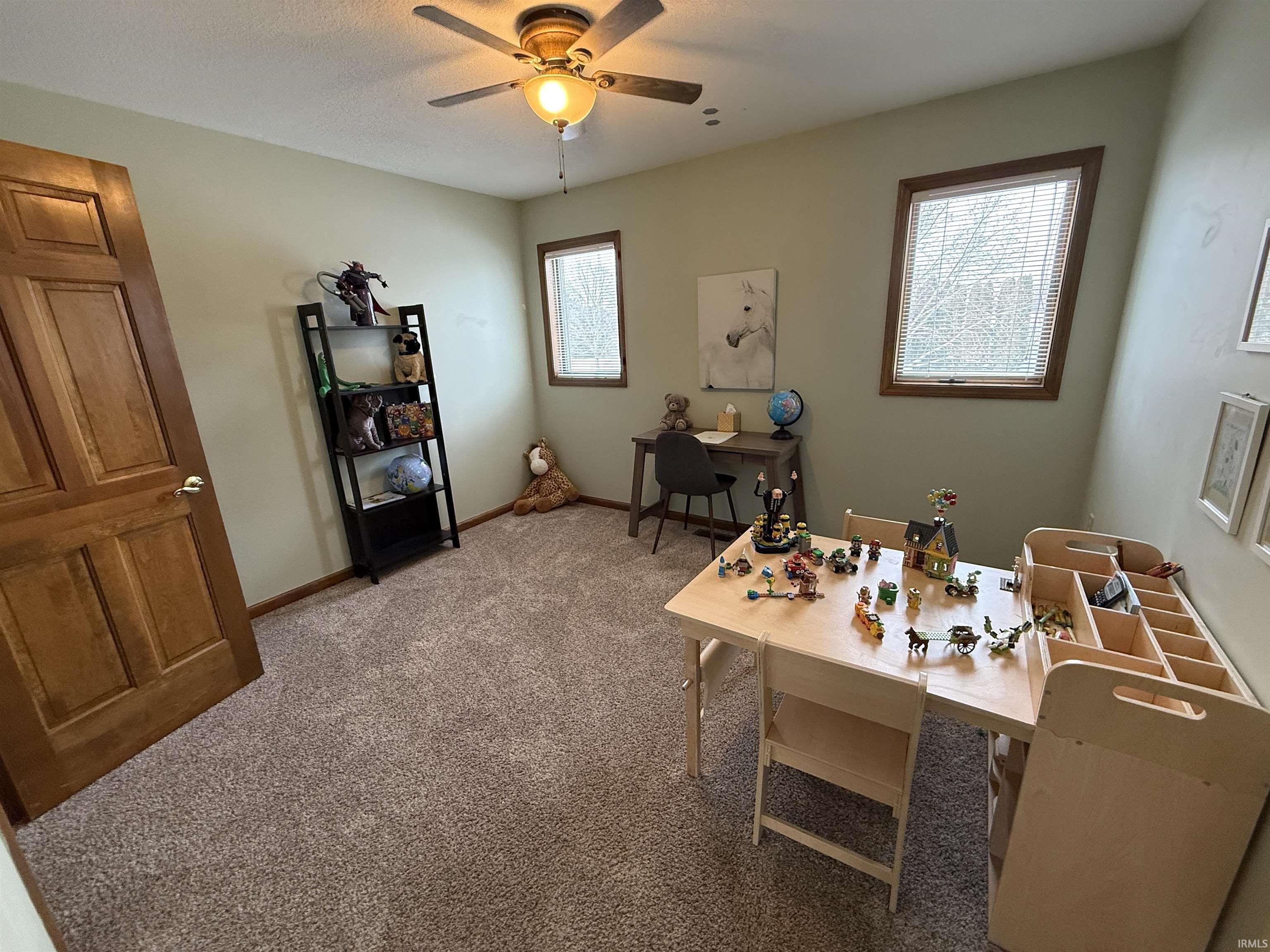 Office area with carpet and a ceiling fan