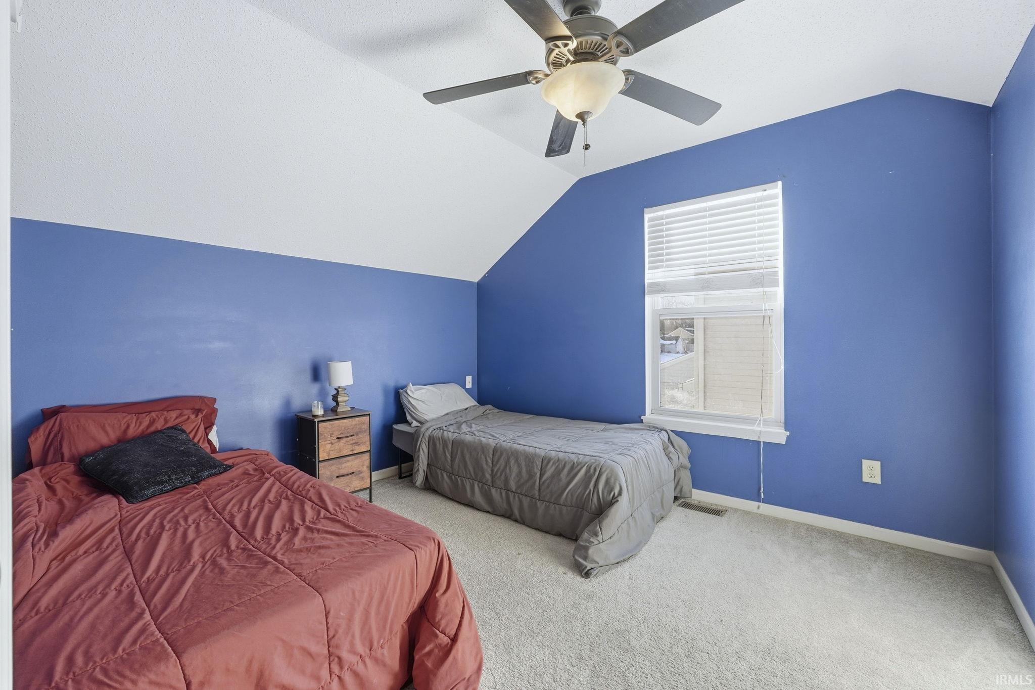 Carpeted bedroom with lofted ceiling and ceiling fan