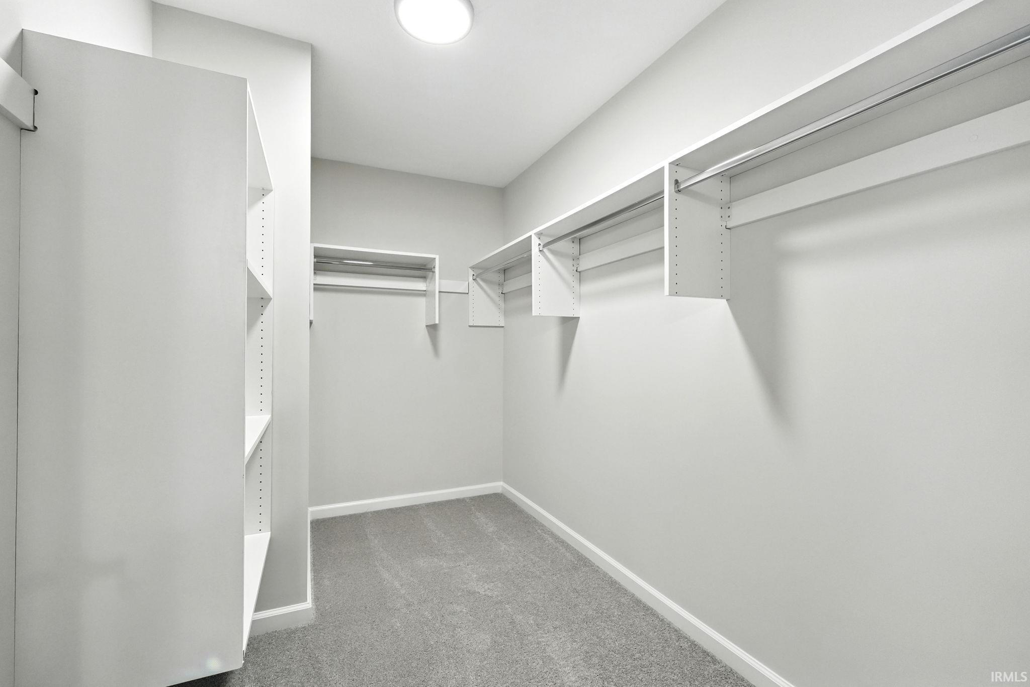Walk in closet with light colored carpet