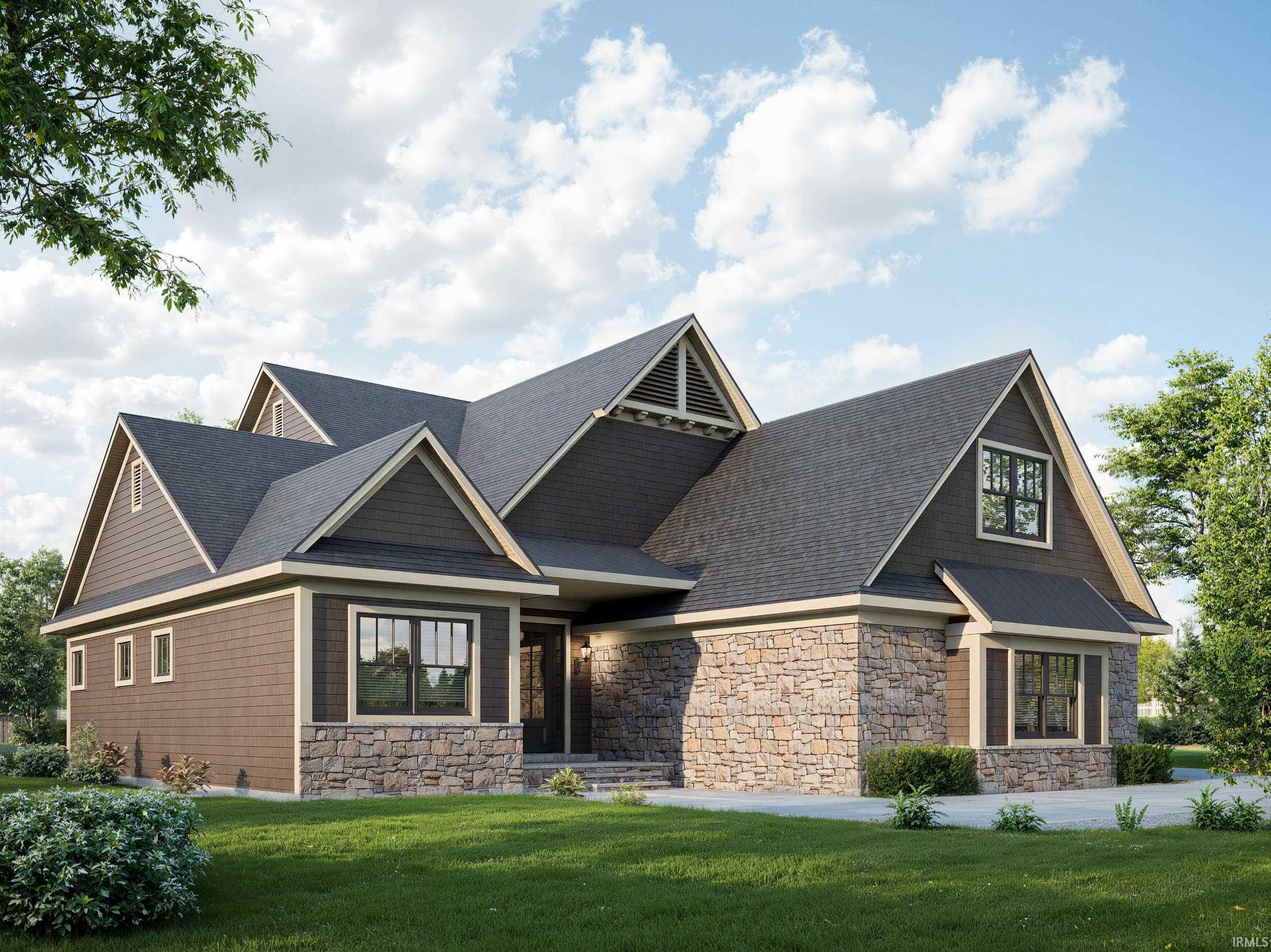 Craftsman-style home with a front yard, stone siding, and a porch