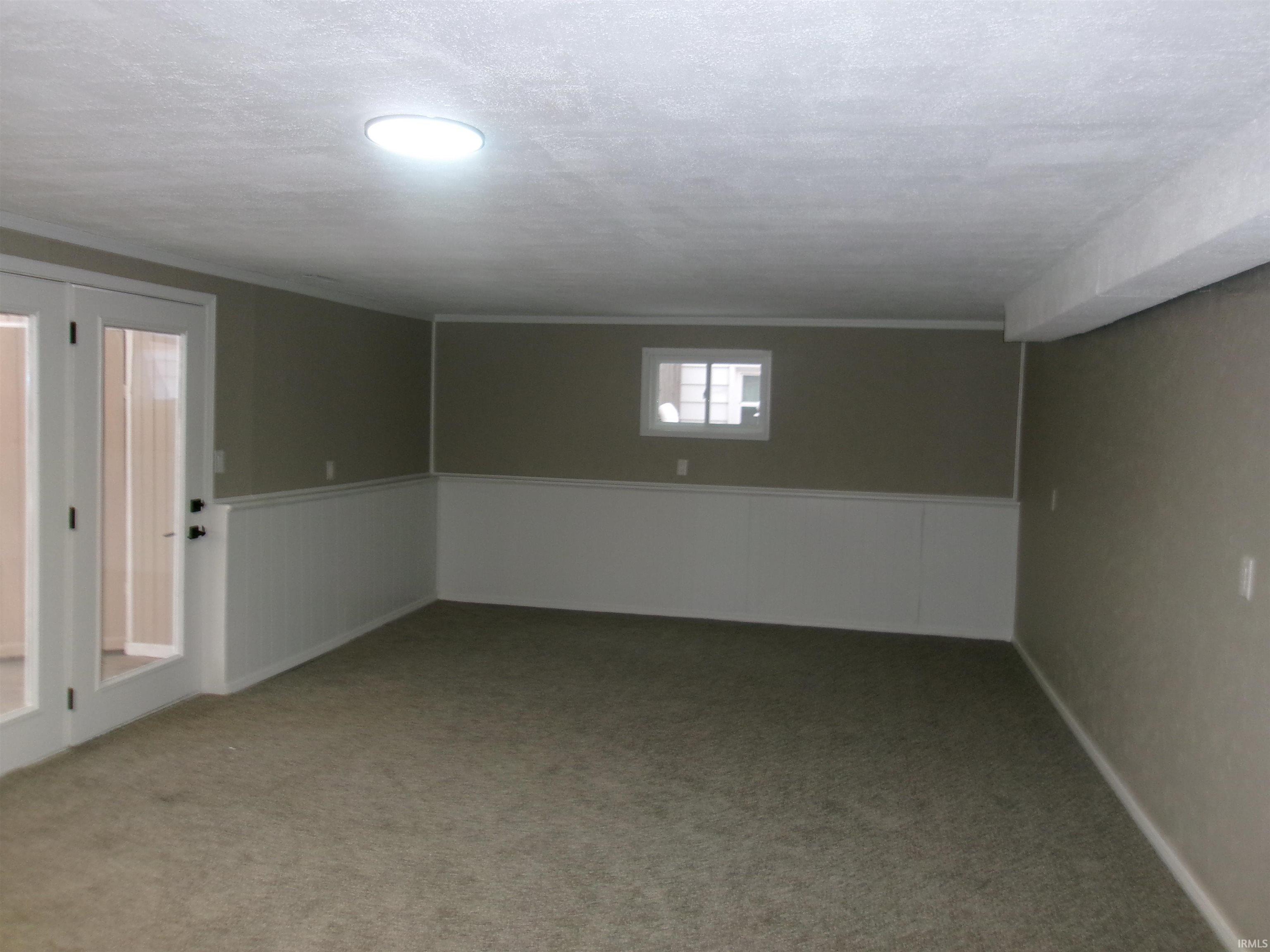 Basement featuring carpet flooring and wainscoting