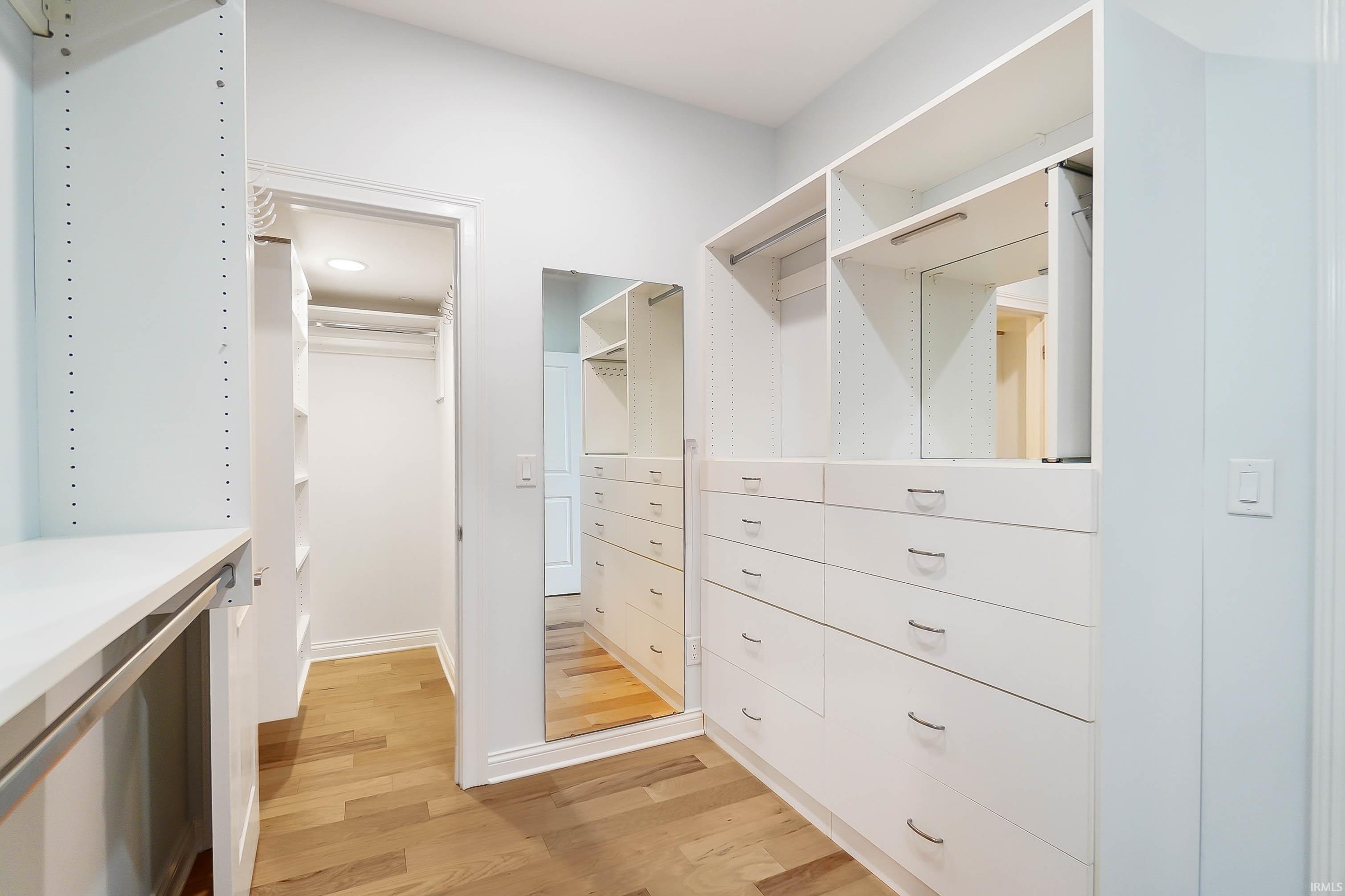 Walk in closet with light wood-style floors