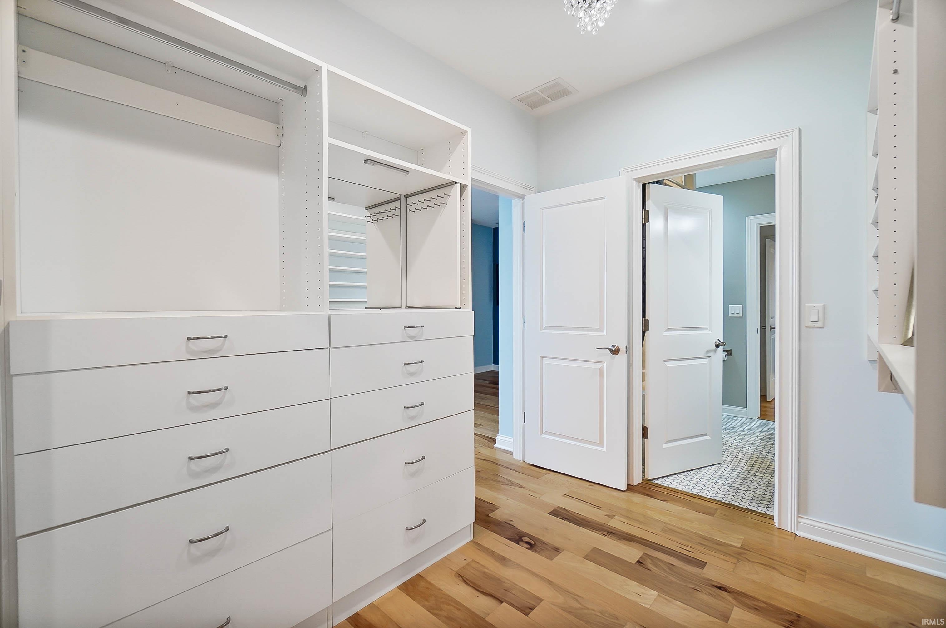 Walk in closet with light wood-style flooring