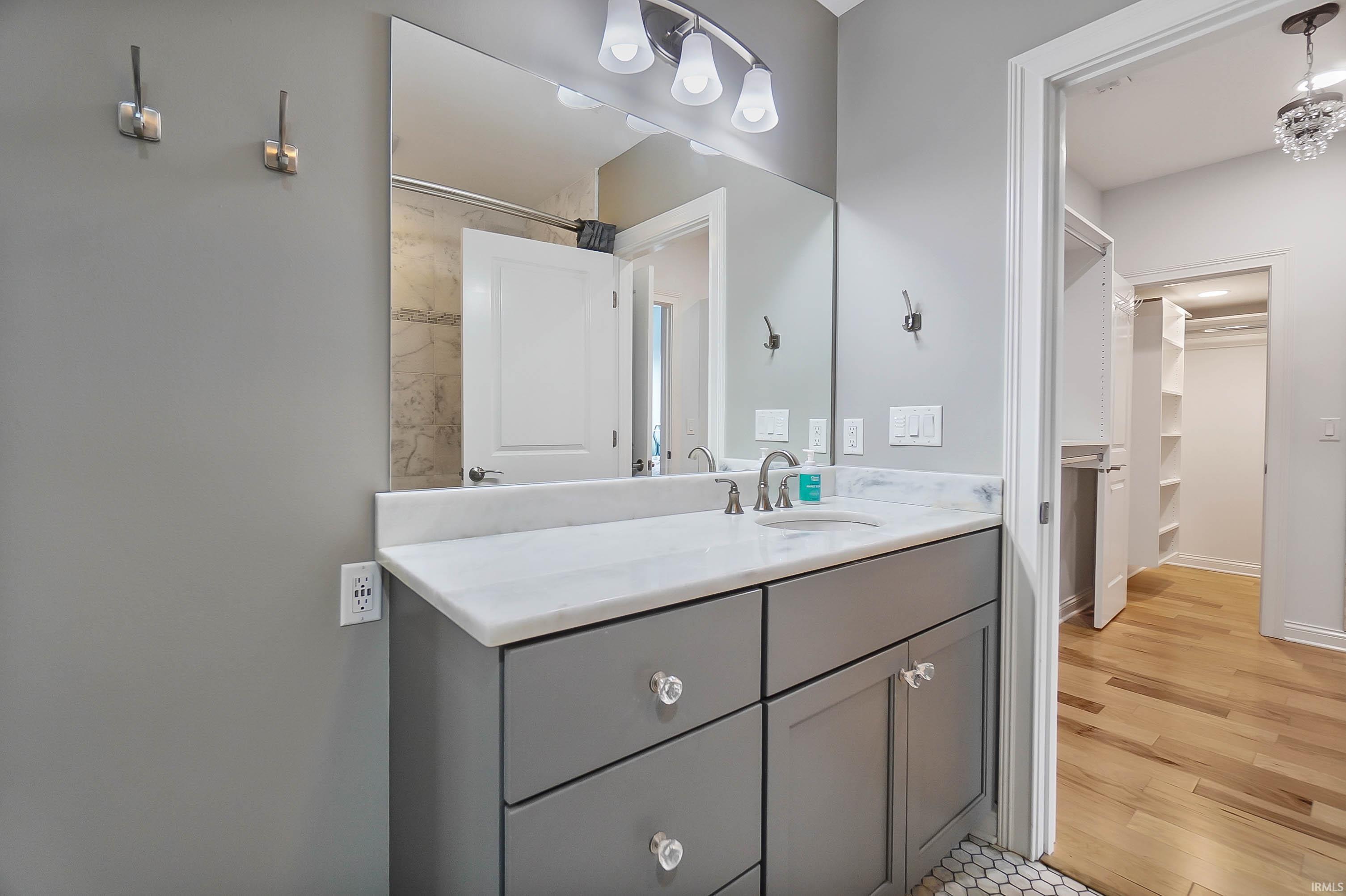 Bathroom featuring vanity, a spacious closet, and light wood-type flooring