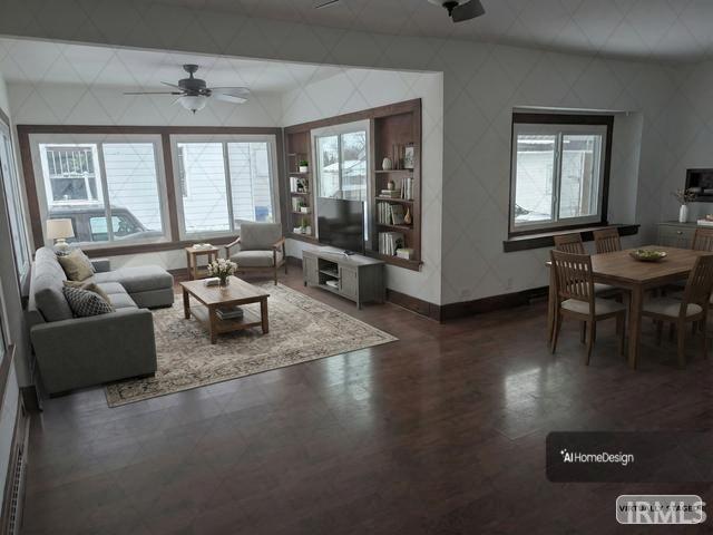 Living room with baseboards and a ceiling fan