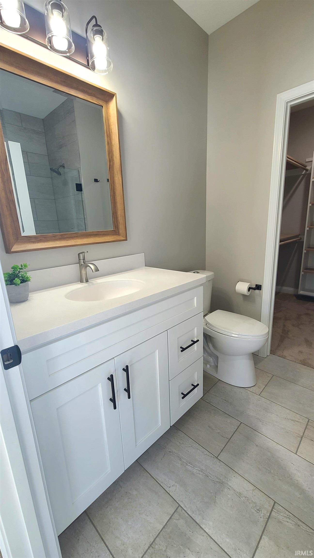 Bathroom with vanity, a walk in closet, and a shower