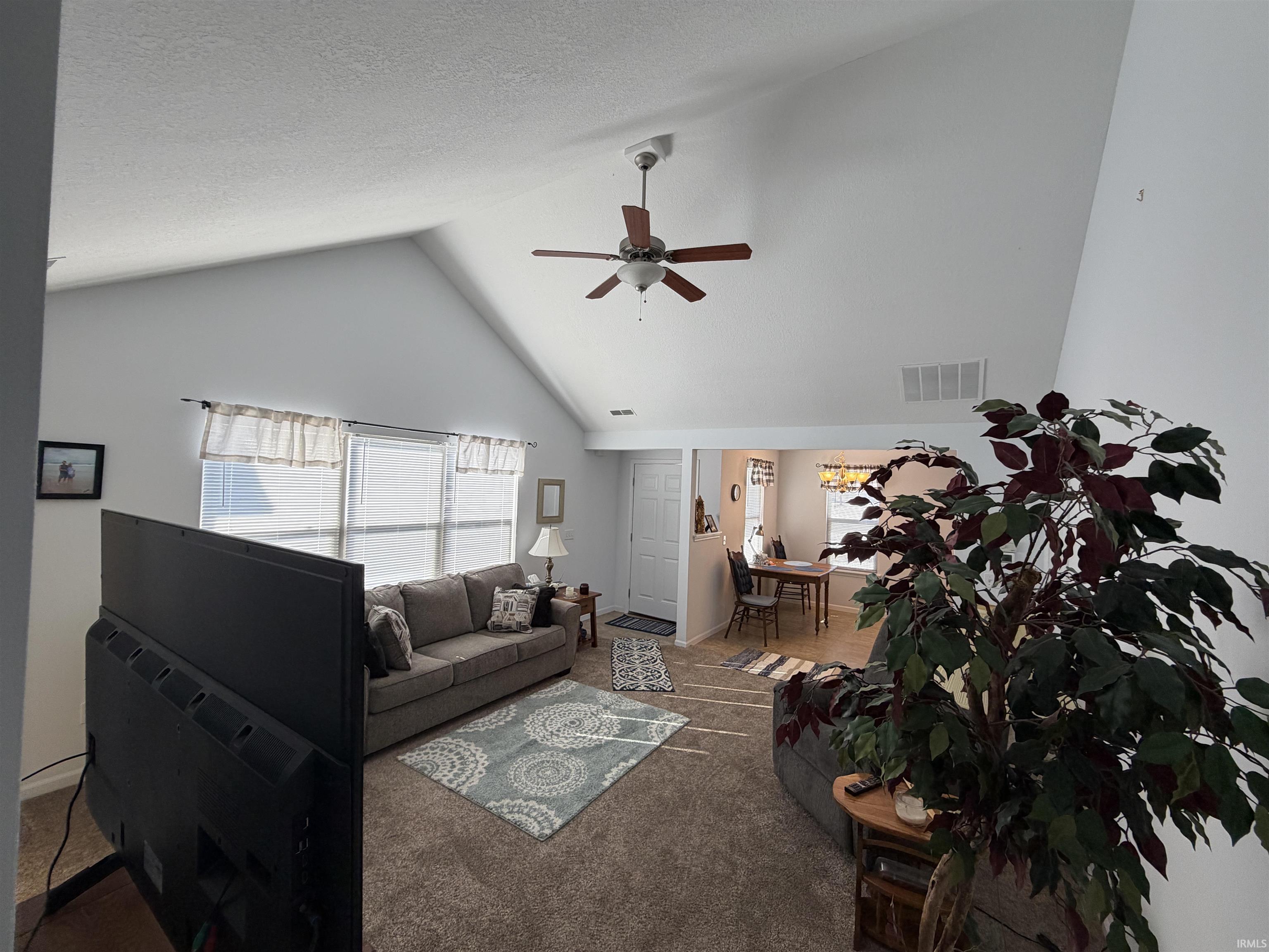 Carpeted living room with a high ceiling and a ceiling fan